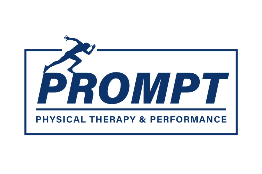 Logo for PROMPT Physical Therapy & Performance featuring a running figure above the word 'PROMPT' and a dark rectangular border.