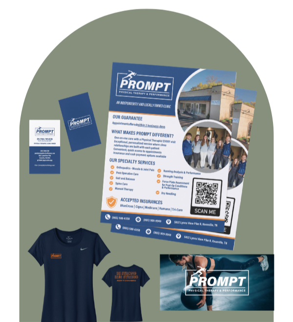 Flyers and a T-shirt promoting PROMPT physical therapy and sports performance clinic, featuring contact information, services, photos, and a QR code.
