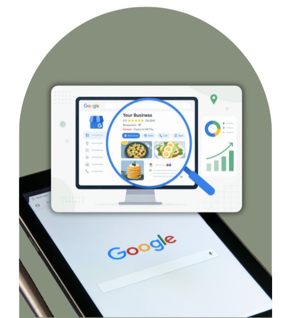 Illustration of digital marketing analysis on a computer screen and smartphone, featuring a magnifying glass over a Google My Business listing with images of food, analytics graphs, and a G suite icon.