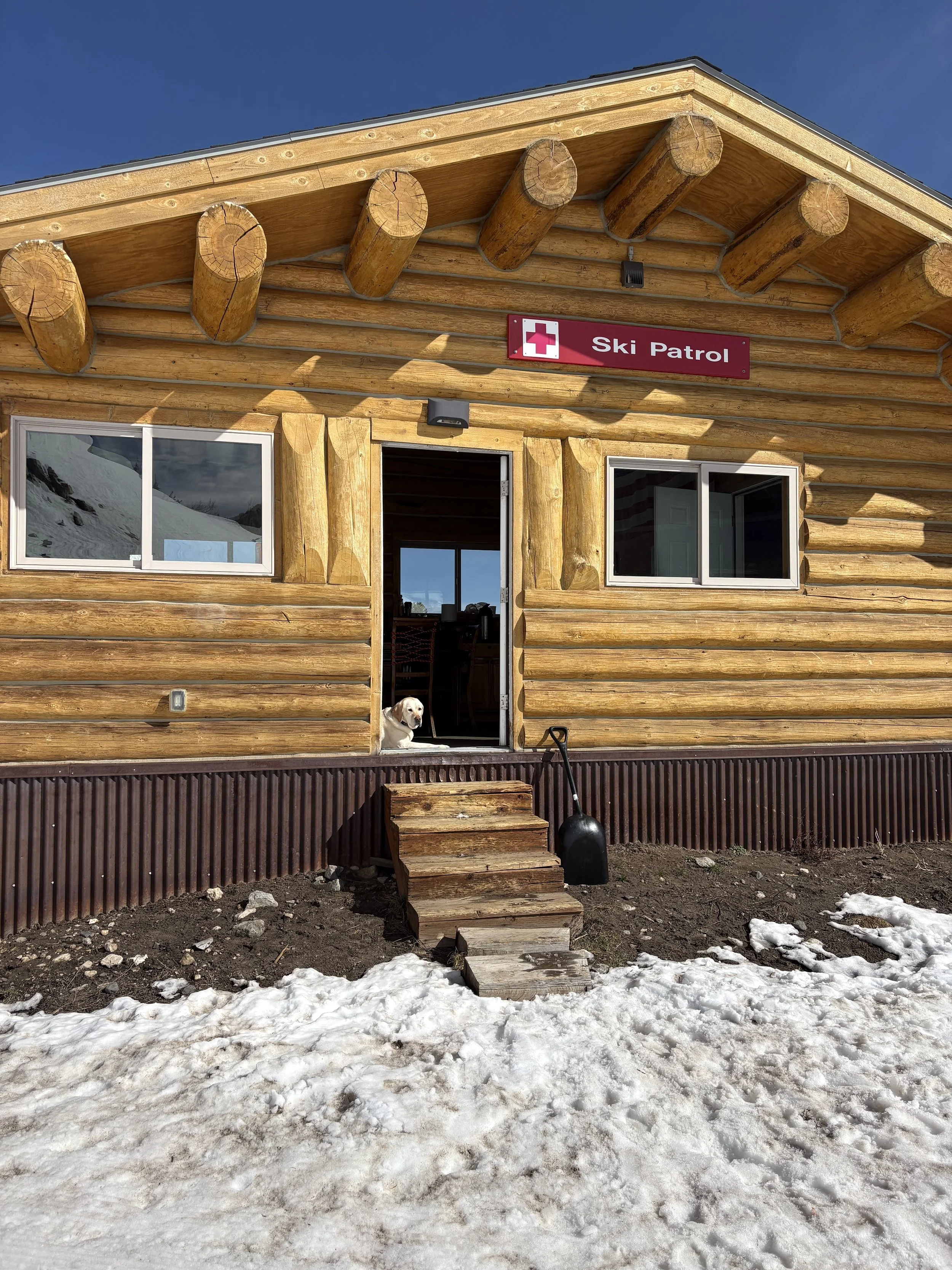 Wooden cabin with a sign that reads 'Ski Patrol,' snow on the ground, small wooden stairs leading to the entrance, and a dog sitting in the doorway.