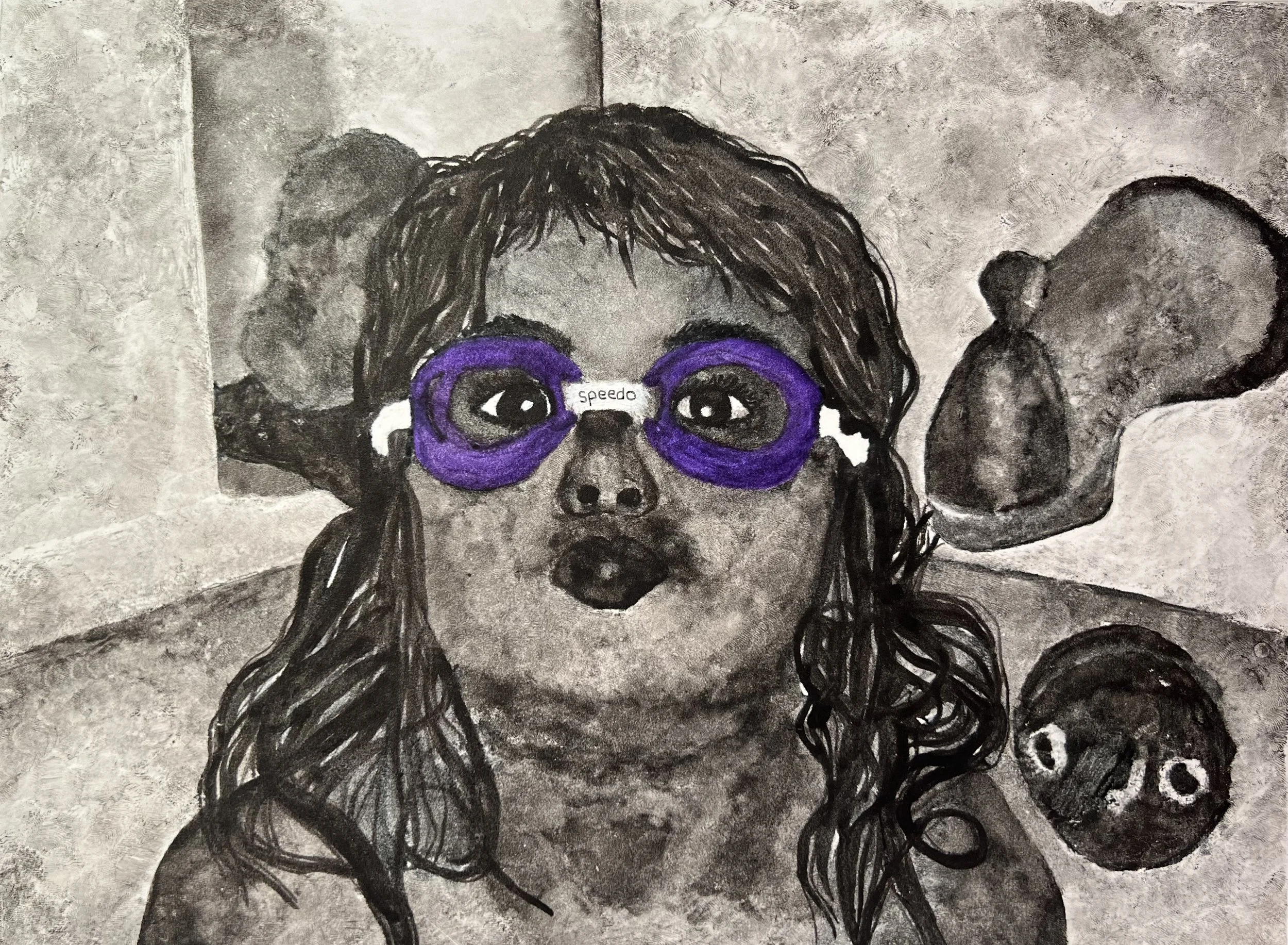 A drawing of a girl with curly hair wearing purple glasses and a tag that says 'speedo' on her nose.