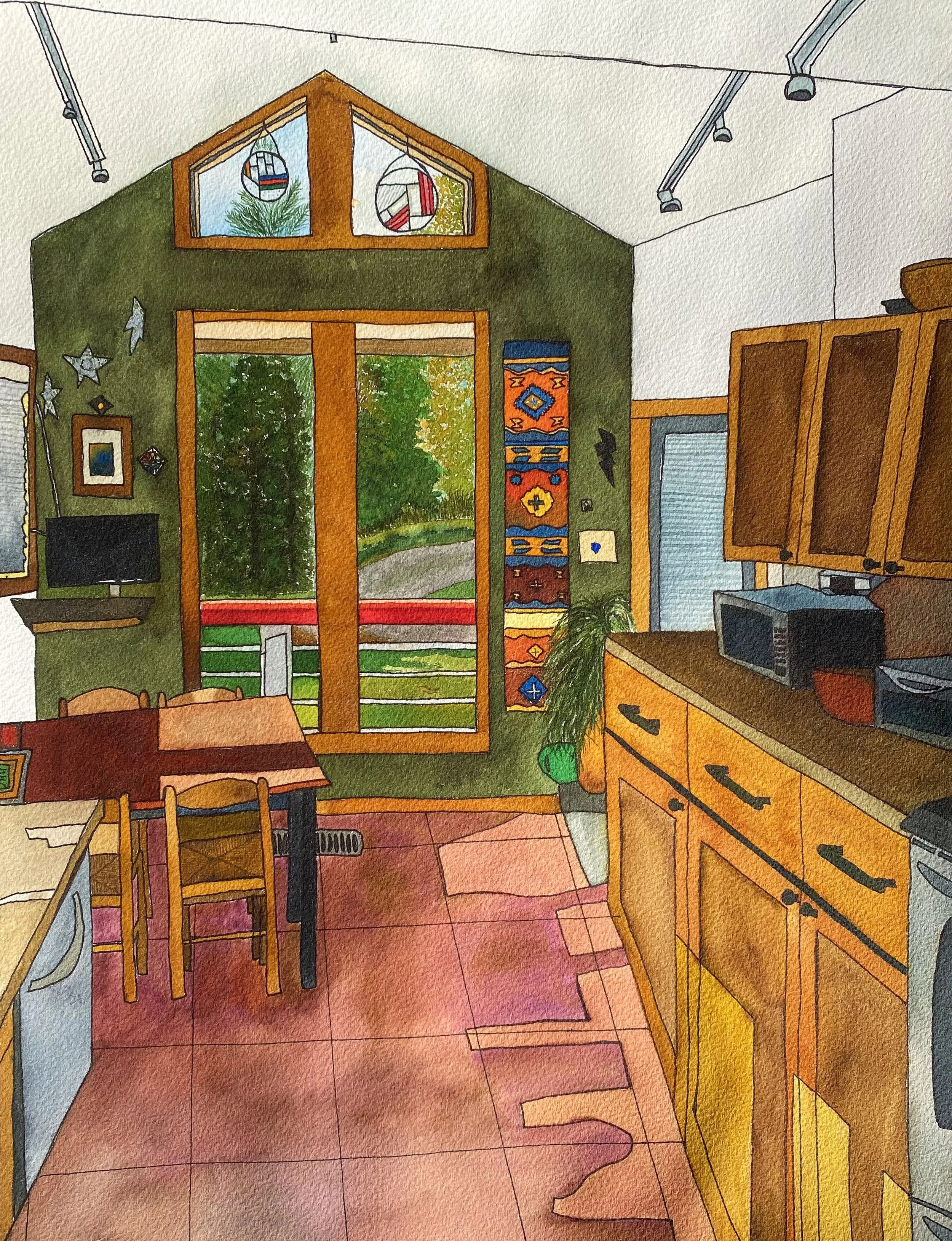 A watercolor-style illustration of a cozy kitchen and dining area with a green accent wall. It features a wooden dining table with chairs, a yellow kitchen cabinet, and a window and glass door showing a green backyard. Decor includes wall art, hangin