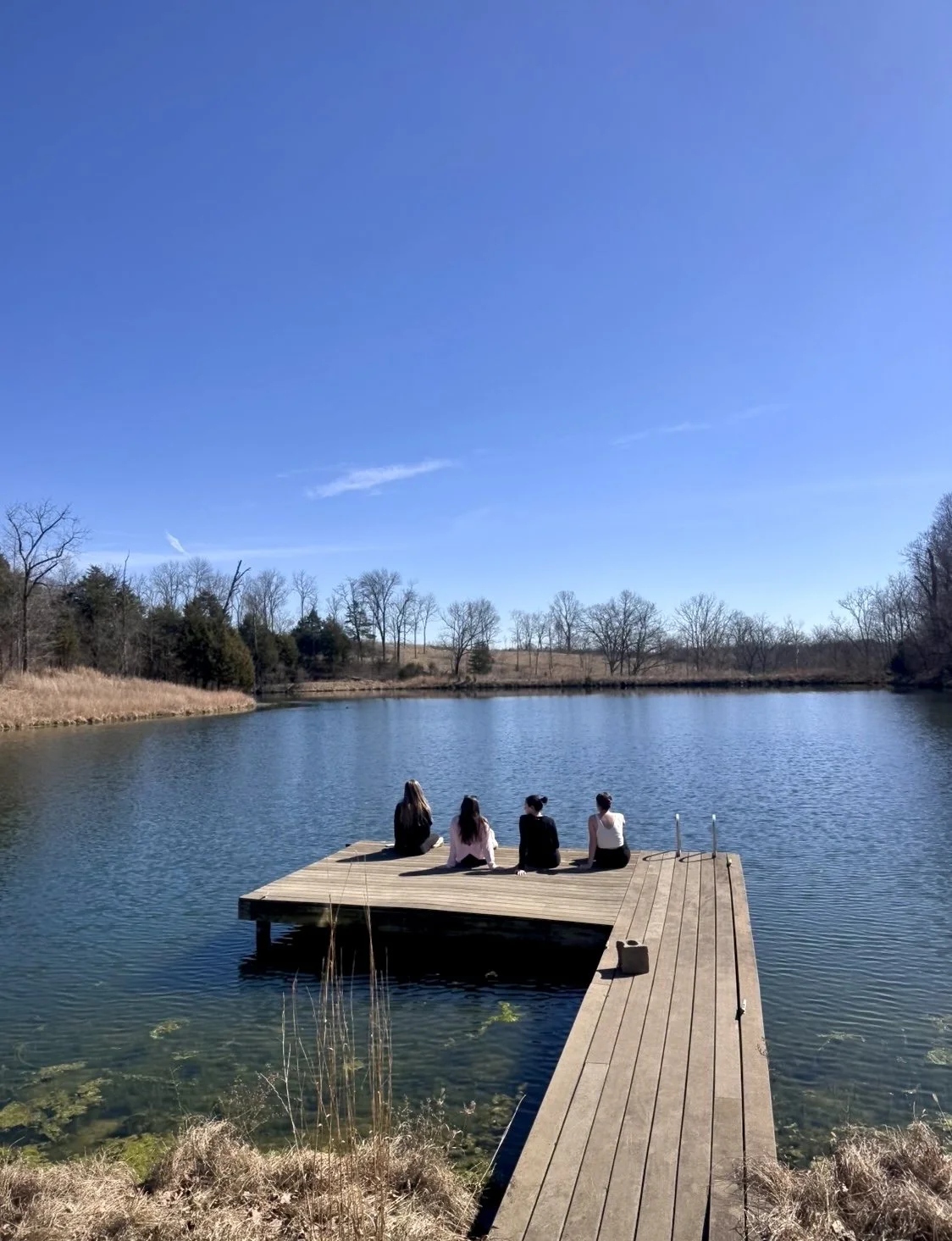 Four women sitting on a wooden dock by a calm lake under a bright blue sky.