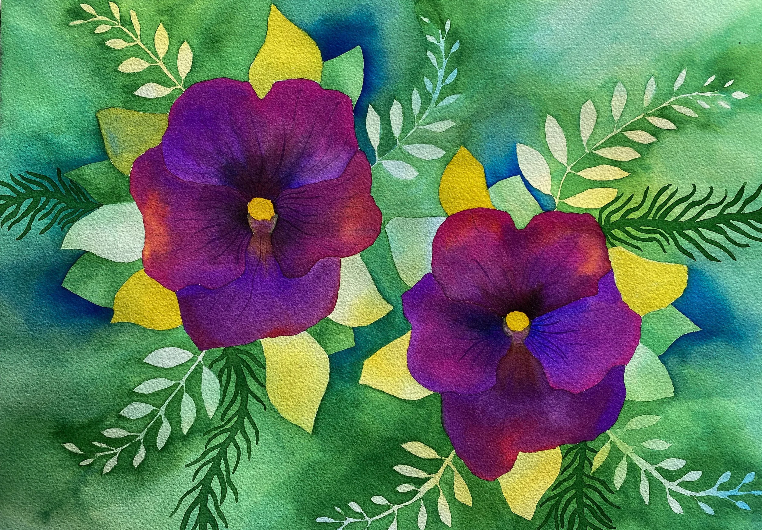 Watercolor painting of purple hibiscus flowers with yellow and white leaves and green foliage background.