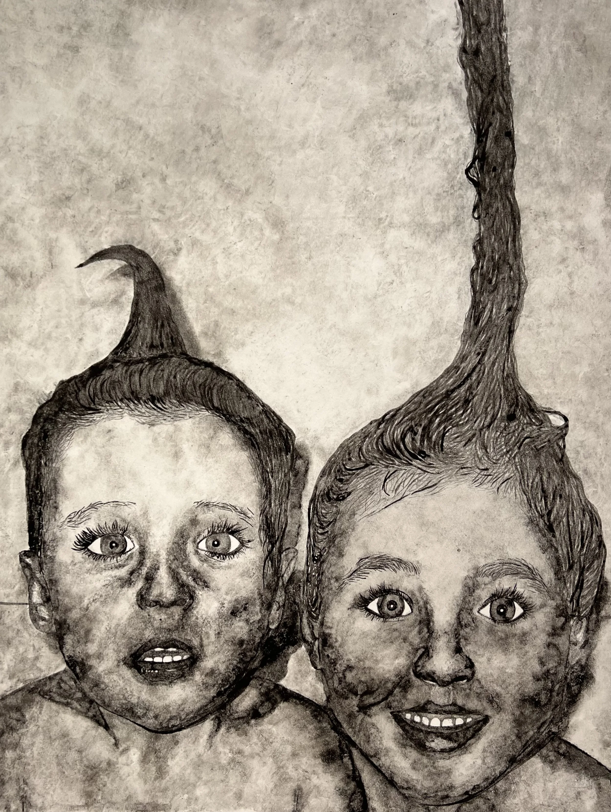 Black and white drawing of three children's faces with expressive eyes, detailed hair, and open mouths, drawn in a realistic style.