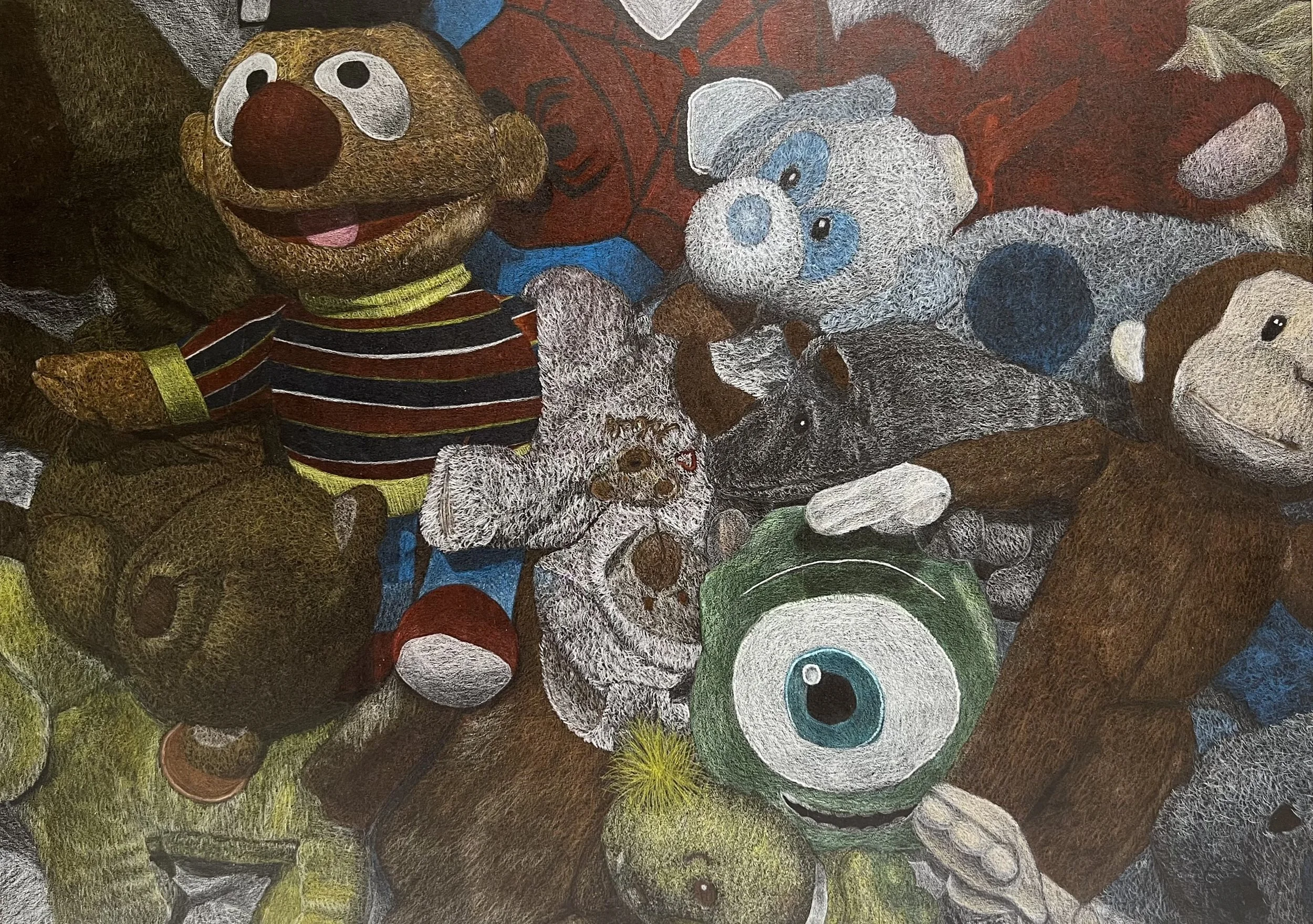 Colorful textile art featuring cartoon characters including a bear, dog, and various animals, with bright colors and detailed embroidery.