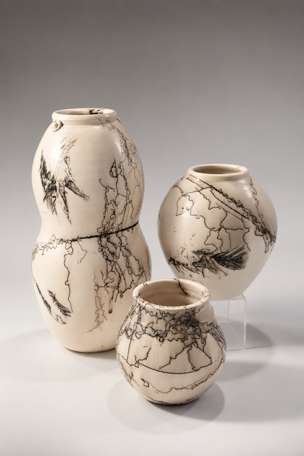 Three white ceramic vases with black marbled and branch-like patterns, displayed on a white surface against a gray background.