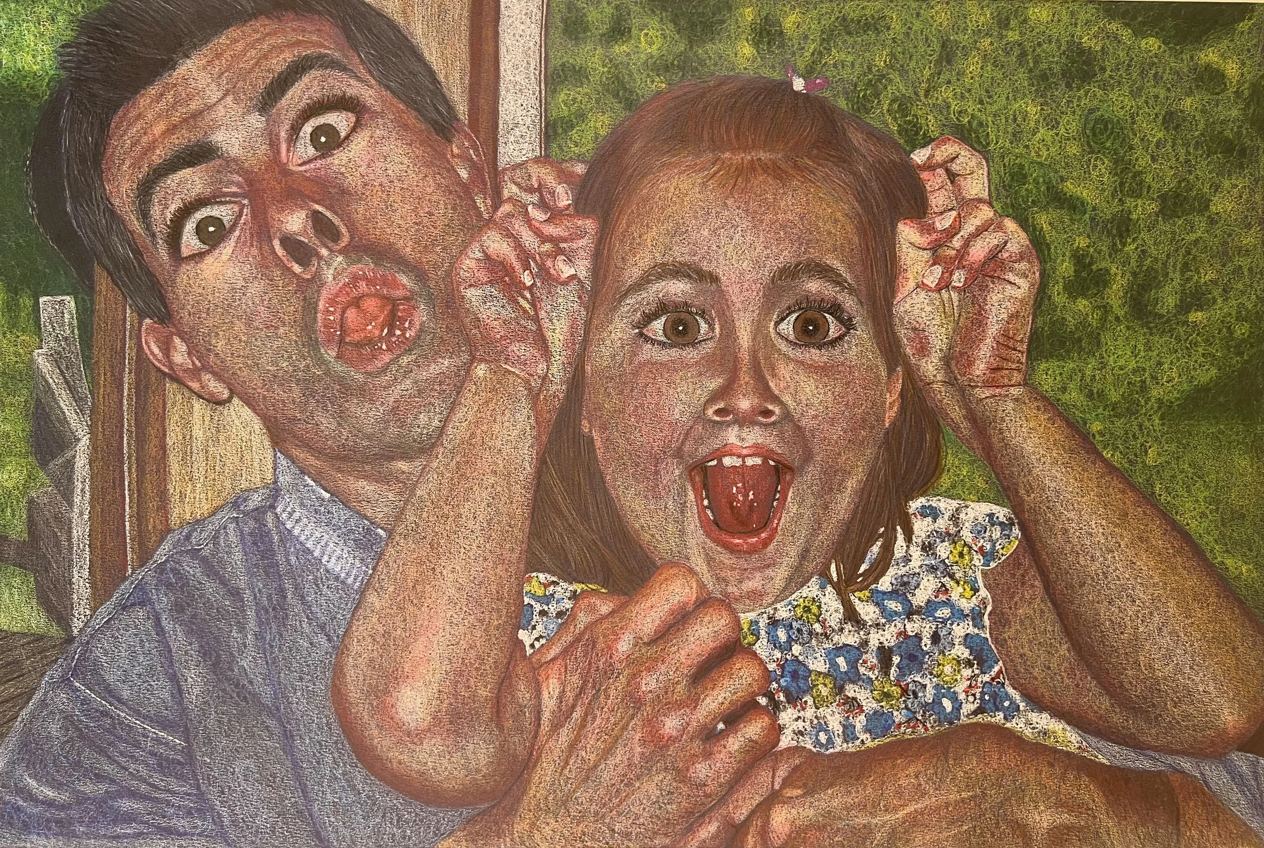 A painting of two children, a boy and a girl, with exaggerated facial features. The girl is in the foreground with her mouth open, and the boy behind her is making a silly face, pulling his ears with his fingers.