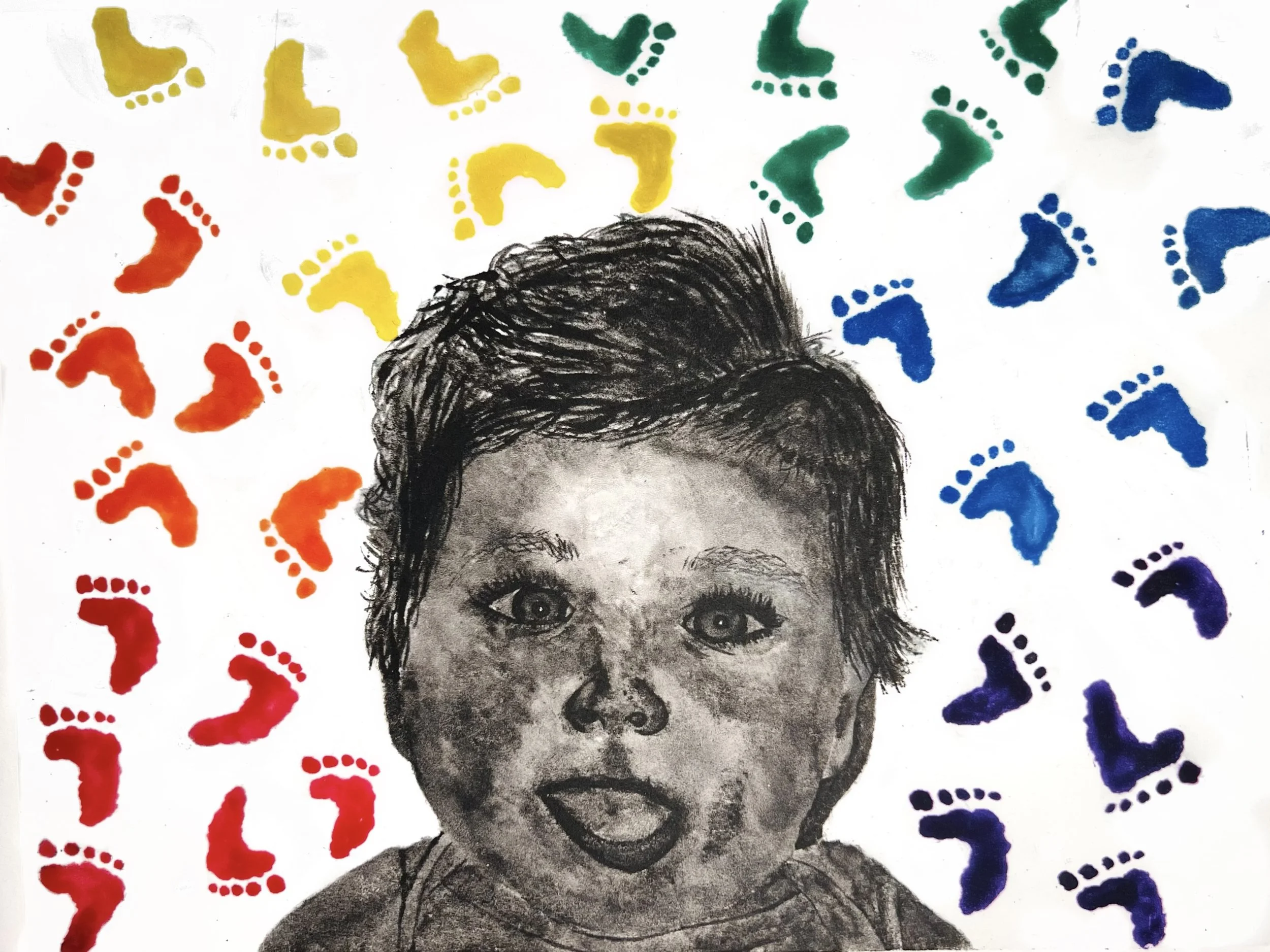 A black and white drawing of a young person with short hair, wide eyes, and an open mouth, surrounded by colorful rainbow footprints on a white background.