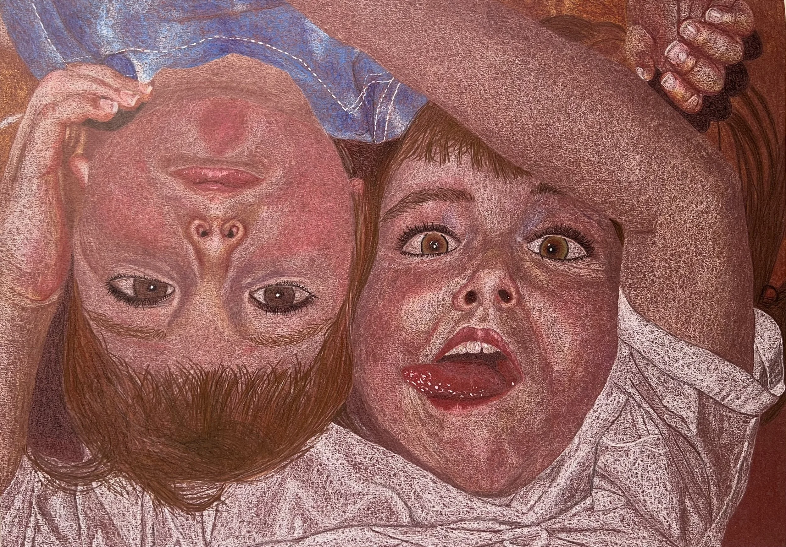 Drawing of two people lying on their backs, their heads close together, with their eyes open and fingers intertwined, creating a symmetrical composition with a textured background.