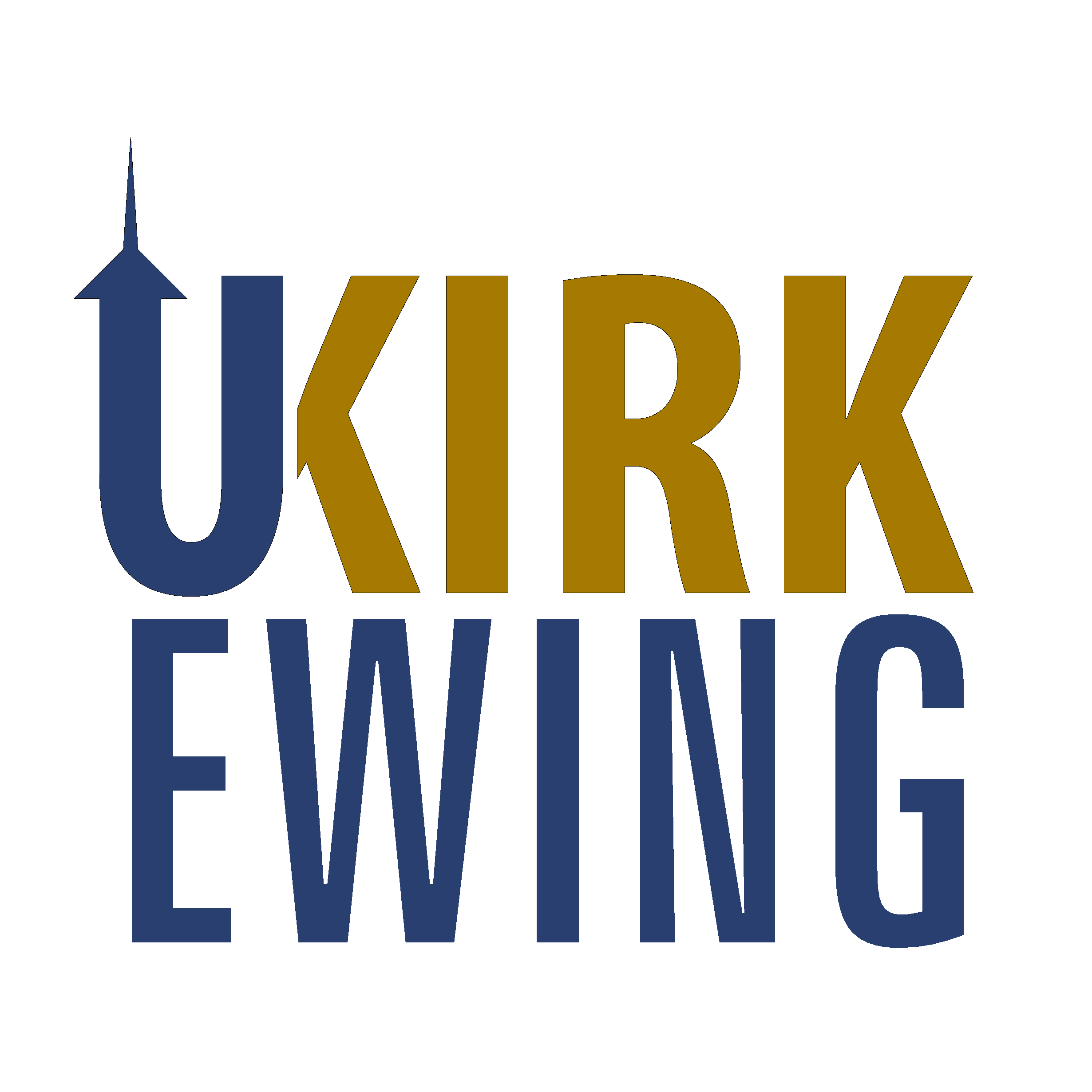 Bold text spelling 'UKirkEwing' with an upward pointing steeple integrated into the letter 'U'. The text is in navy blue and gold colors.