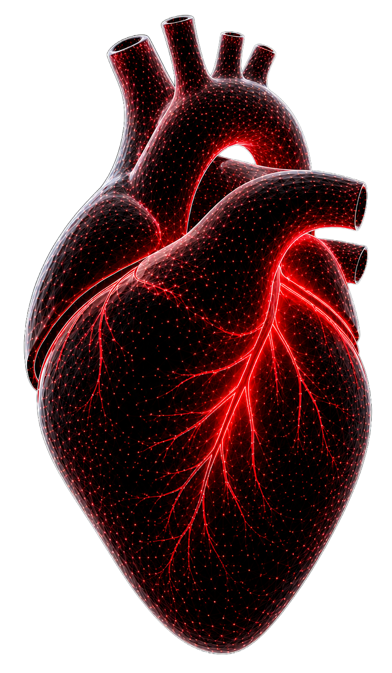 Digital illustration of a human heart with glowing red and white network lines and dots, showcasing detailed anatomical features.