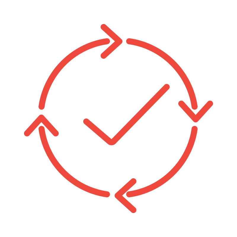 Red clock icon with circular arrows around it, indicating time or recycling.