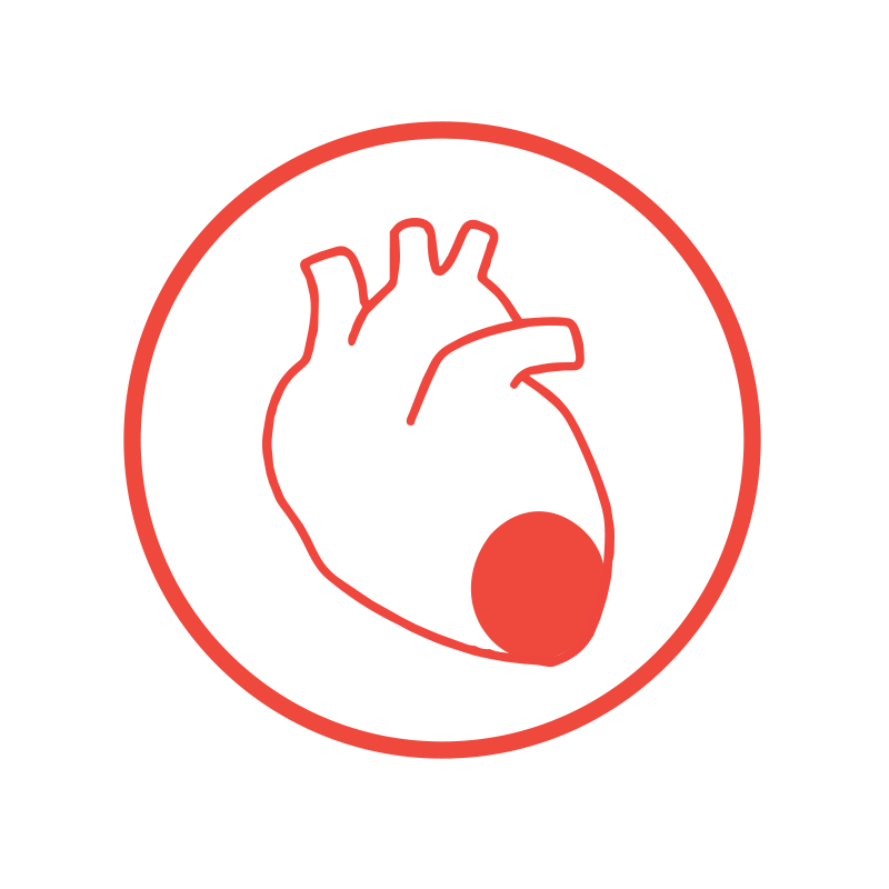 A minimalist red outline of a human heart inside a red circle on a black background.