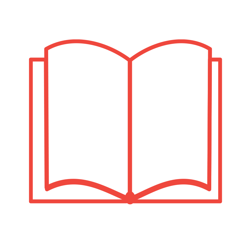 Red outline of an open book with blank pages against a black background.