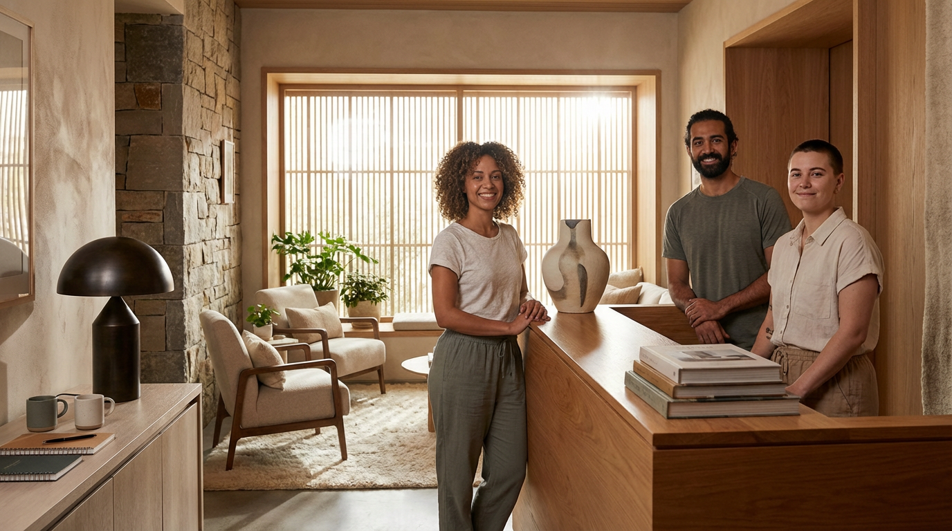 Three people standing behind a reception desk in a warmly lit, modern living room with large windows, a stone accent wall, and cozy chairs.