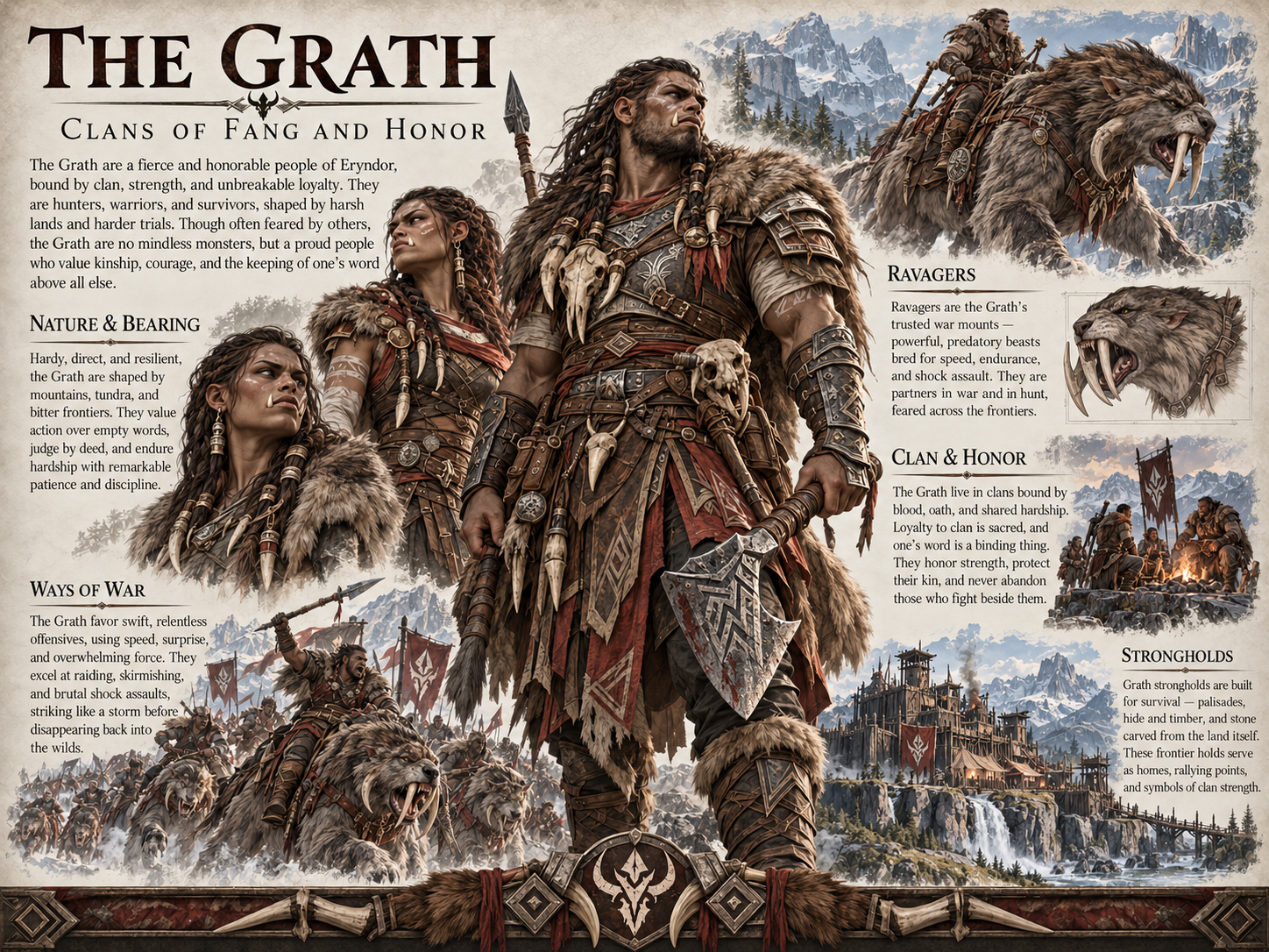 Illustrated guide to the Grath of Eryndor, featuring clan warriors, fortified settlements, and their predatory Ravager mounts.