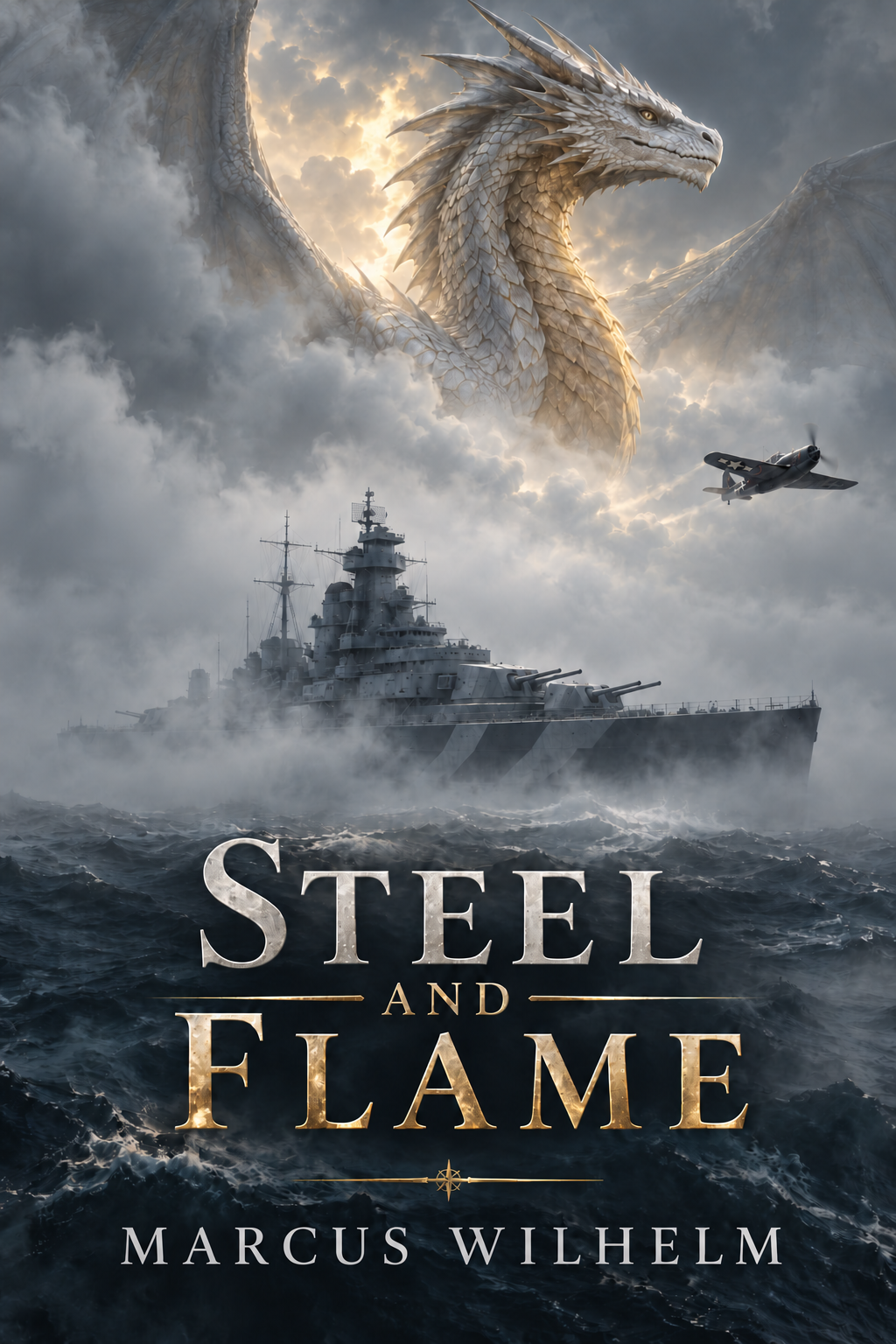 Steel and Flame by Marcus Wilhelm. Book cover featuring a white dragon above a WWII warship and aircraft.
