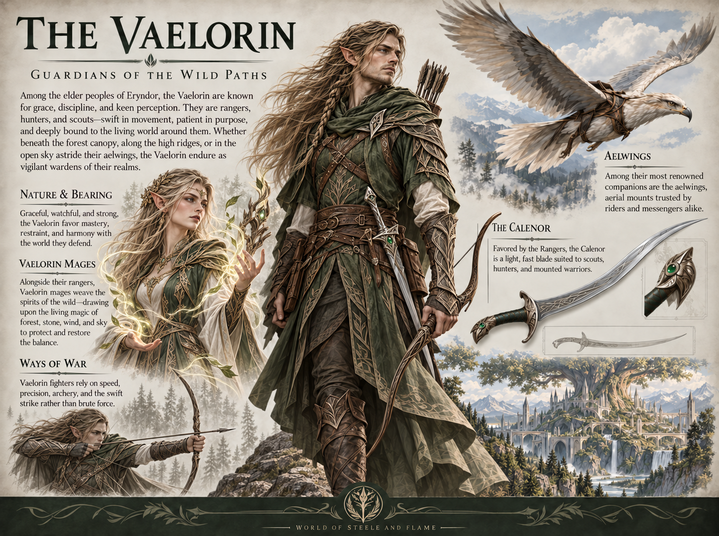 Illustrated guide to the Vaelorin of Aeltharyn, featuring a ranger, a mage, an Aelwing, and their ancient tree-city of Vaeloris.
