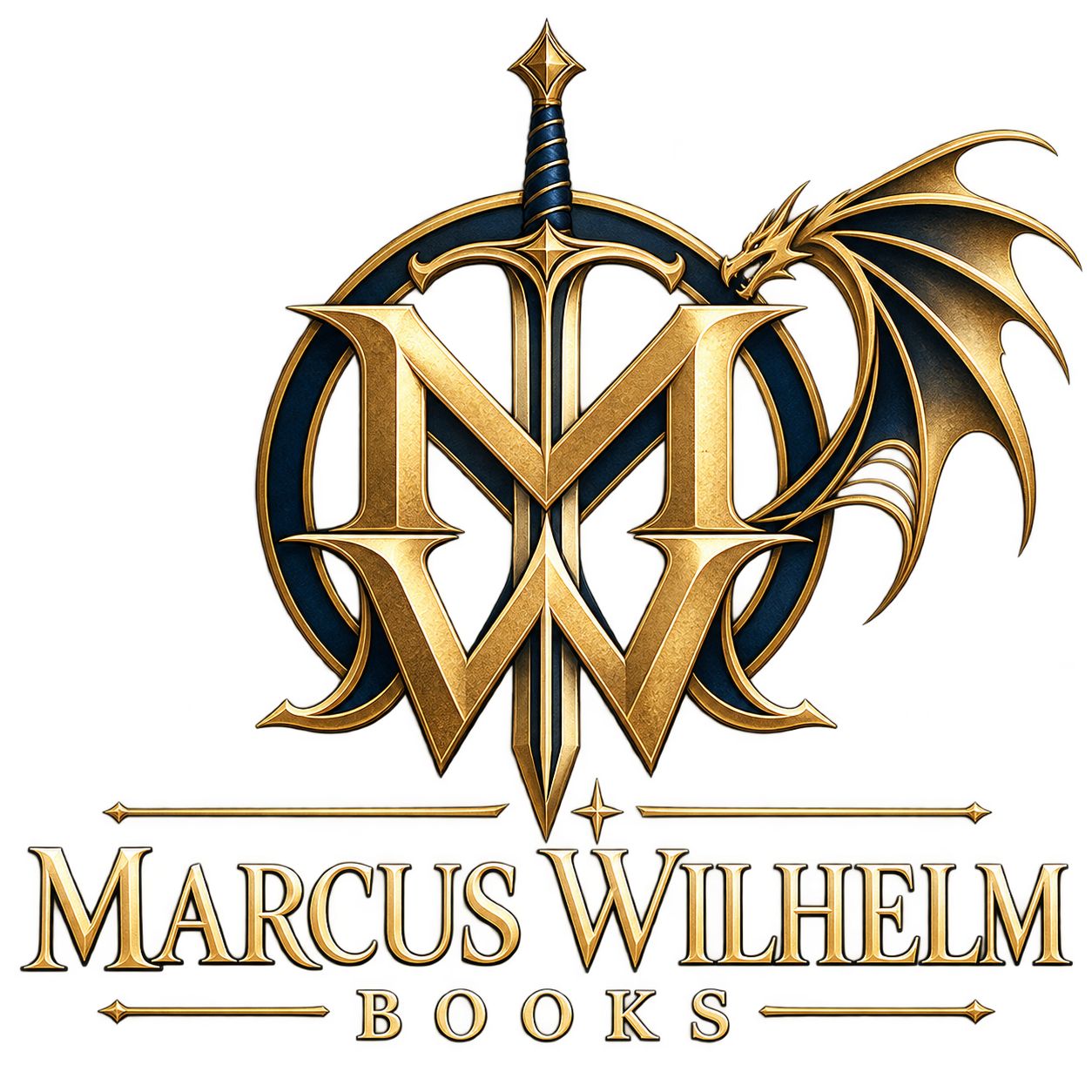 Marcus Wilhelm Books logo featuring a gold MW monogram, sword, and dragon wing.