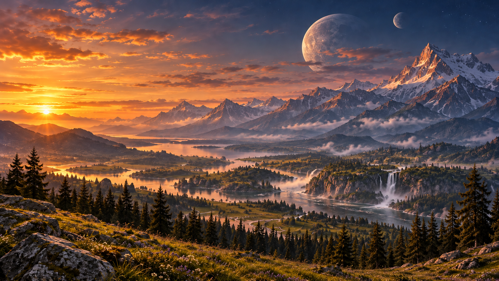 A sweeping landscape of Eryndor, with mountains, forests, rivers, and two moons visible in the sky.