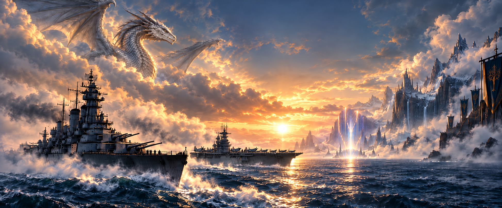 Fire elemental dragon Soryth flying above the battleship Bismarck and aircraft carrier USS Enterprise off the coast of a fantasy world.