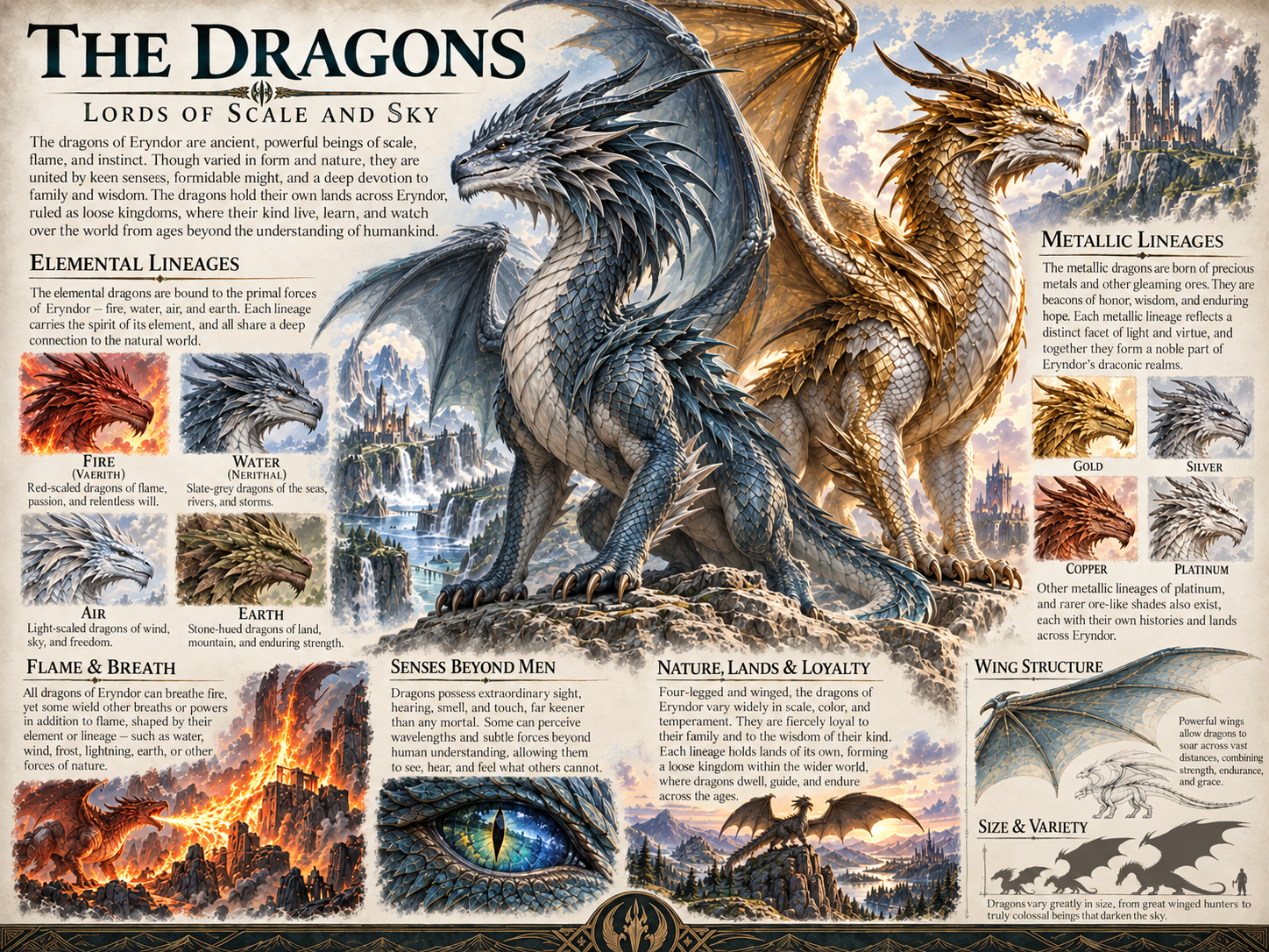 Illustrated guide to Eryndor's elemental and metallic dragons, featuring a slate-grey dragon, a golden dragon, and examples of different dragon lineages.