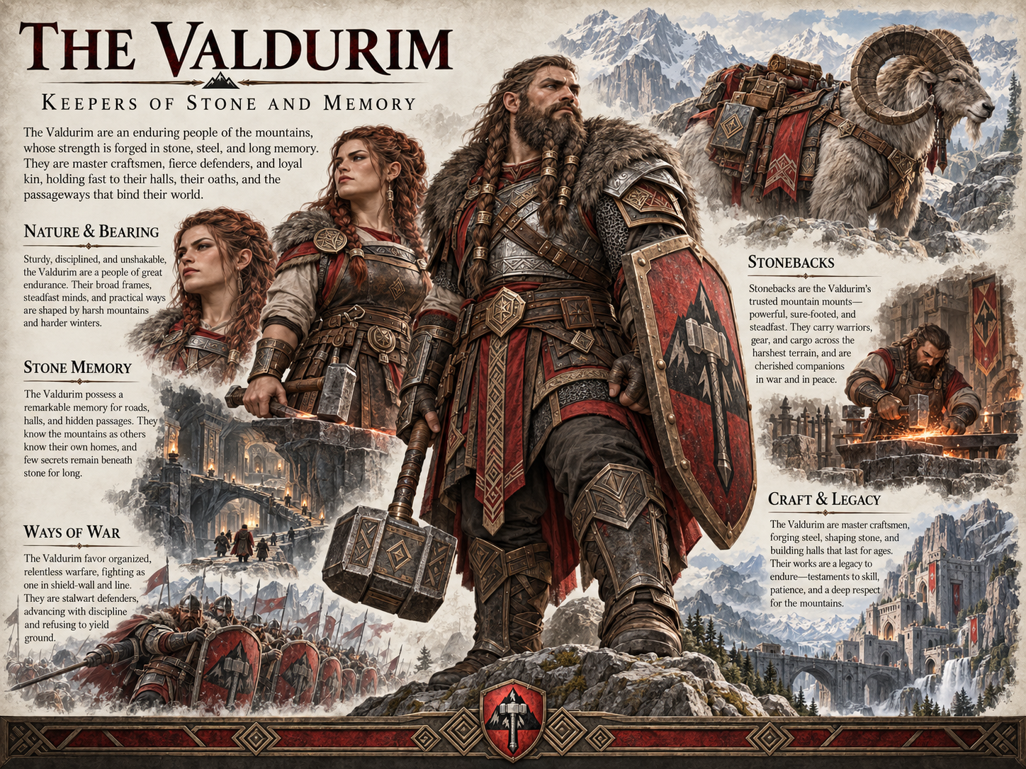 Illustrated guide to the Valdurim of Dornakhar, featuring armored warriors, mountain strongholds, a forge, and a Stoneback mount.