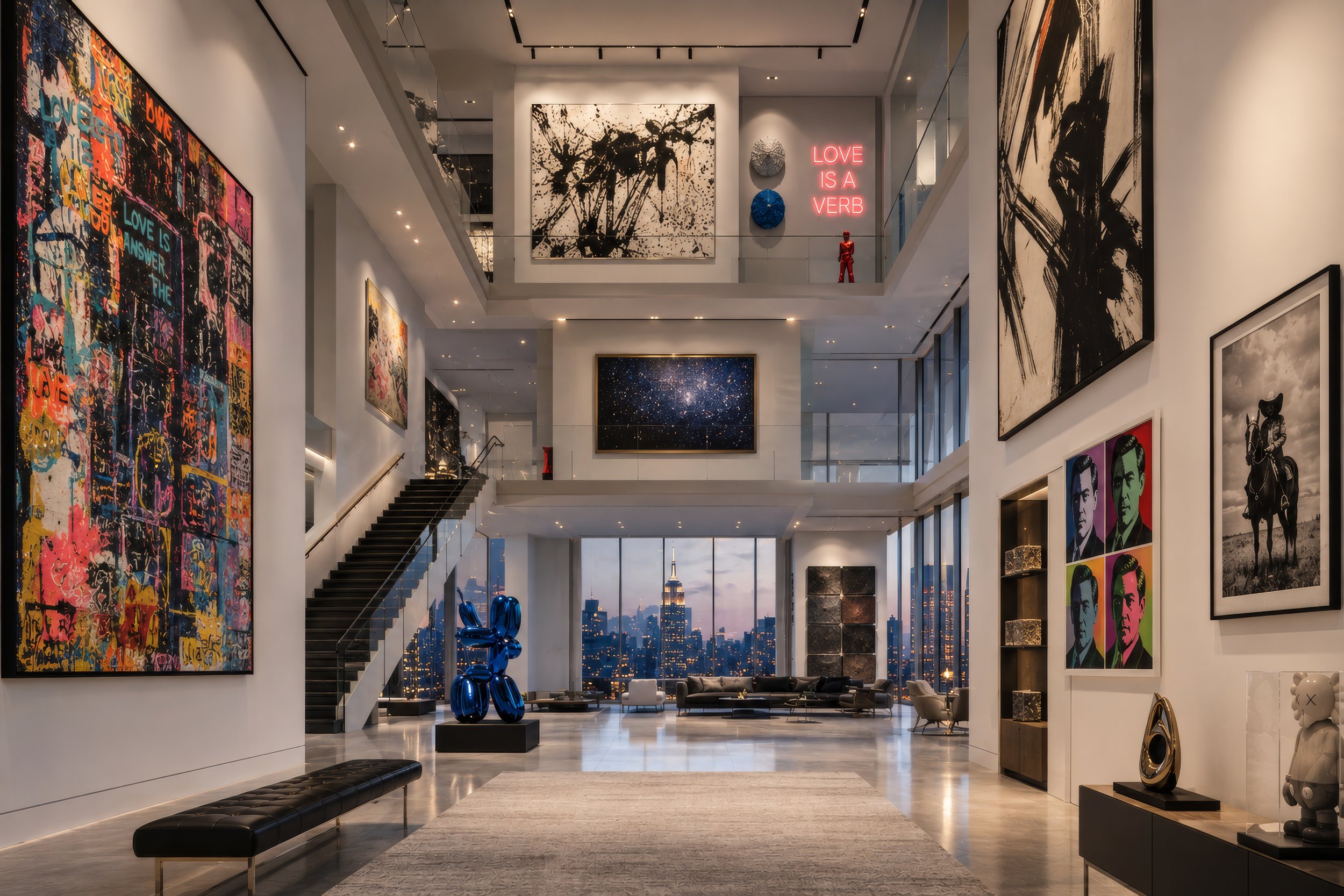 Interior of a modern art gallery with large colorful paintings on the walls, sculptures, and city skyline view through windows.