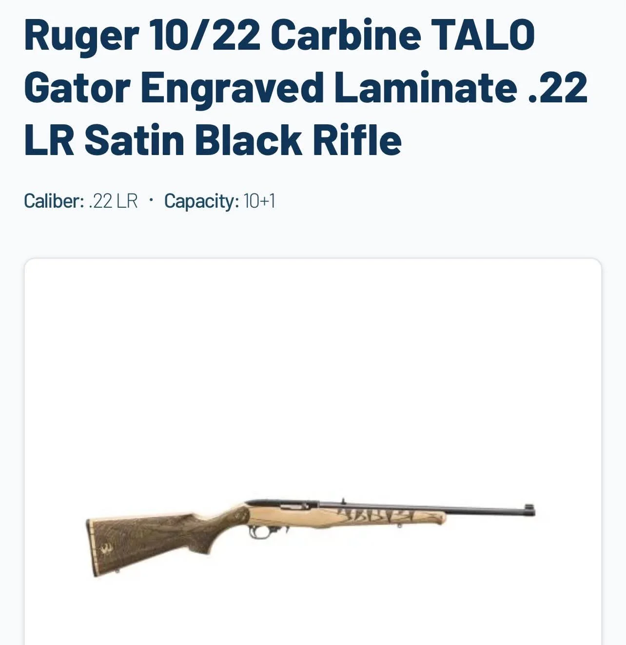 Ruger 10/22 Carbine TALO Gator Engraved Rifle