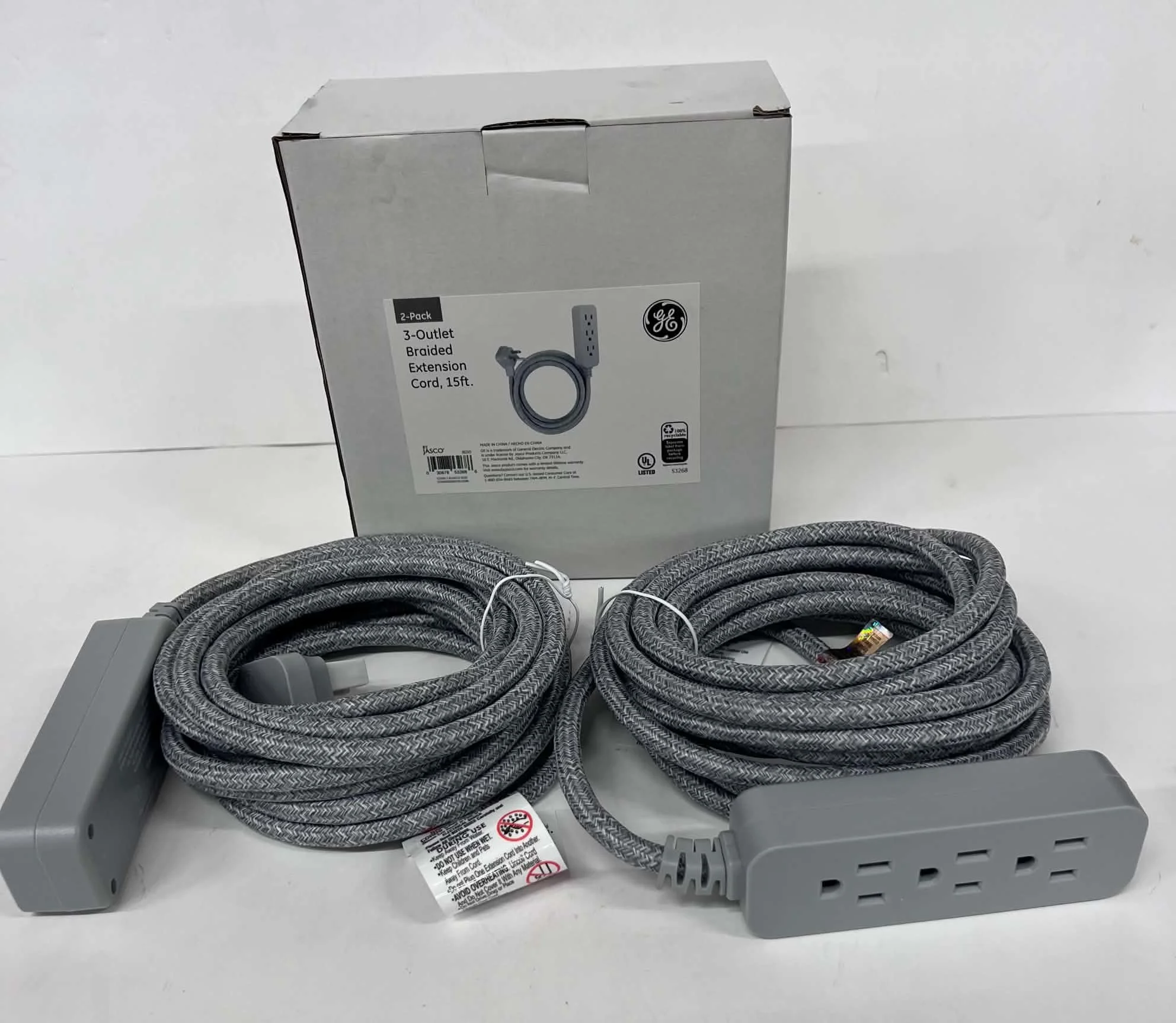 GE 3-Outlet Braided Extension Cord, 15 Ft (2-Pack)