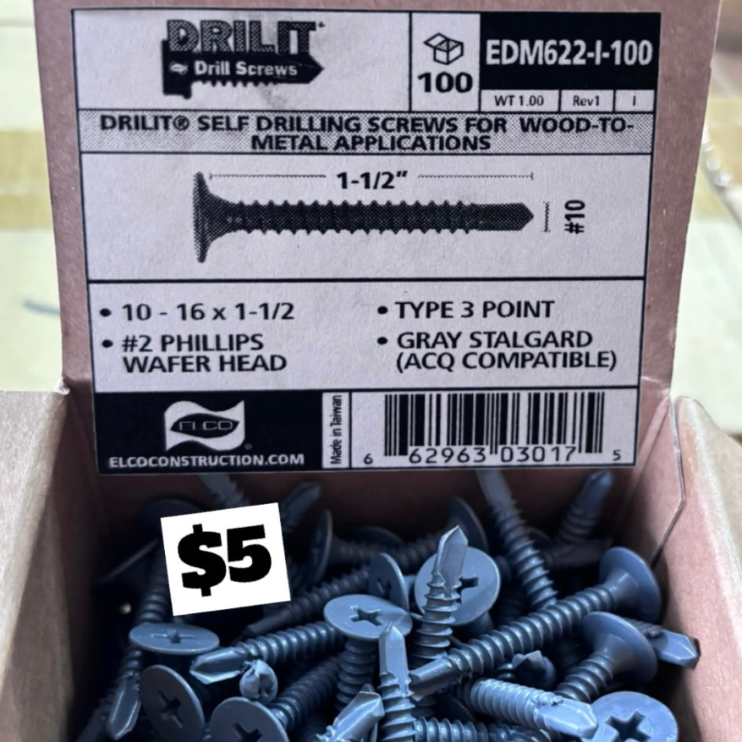 100 CT #10-16 x 1-1/2" Drilit Self-Drilling Screws for Wood-to-Metal Applications, Phillips Wafer Head, #3 Point, Case Hardened Carbon Steel with ACQ Gray Stalgard Coating