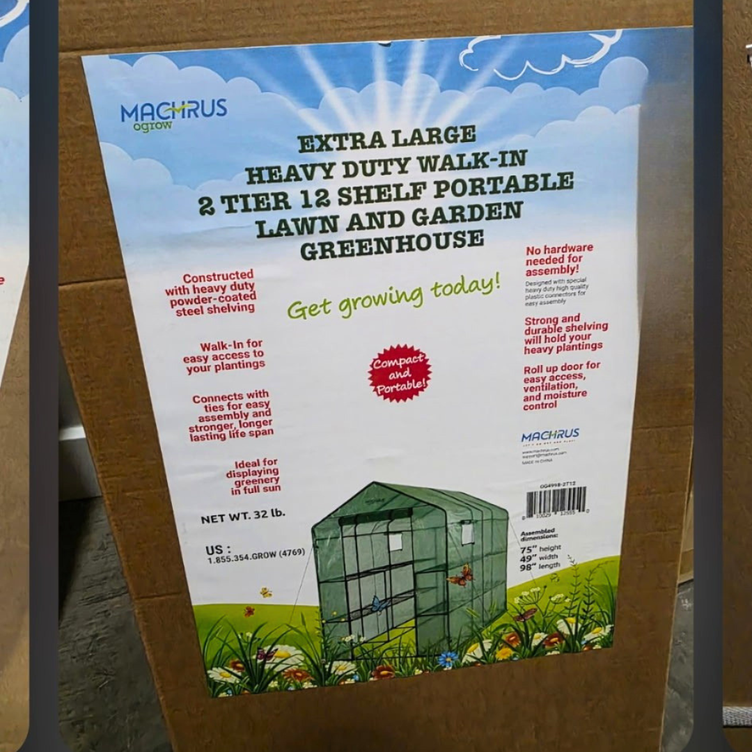 Machrus Ogrow Deluxe Walk-In Greenhouse with 2 Tiers and 12 Shelves - Green Cover
