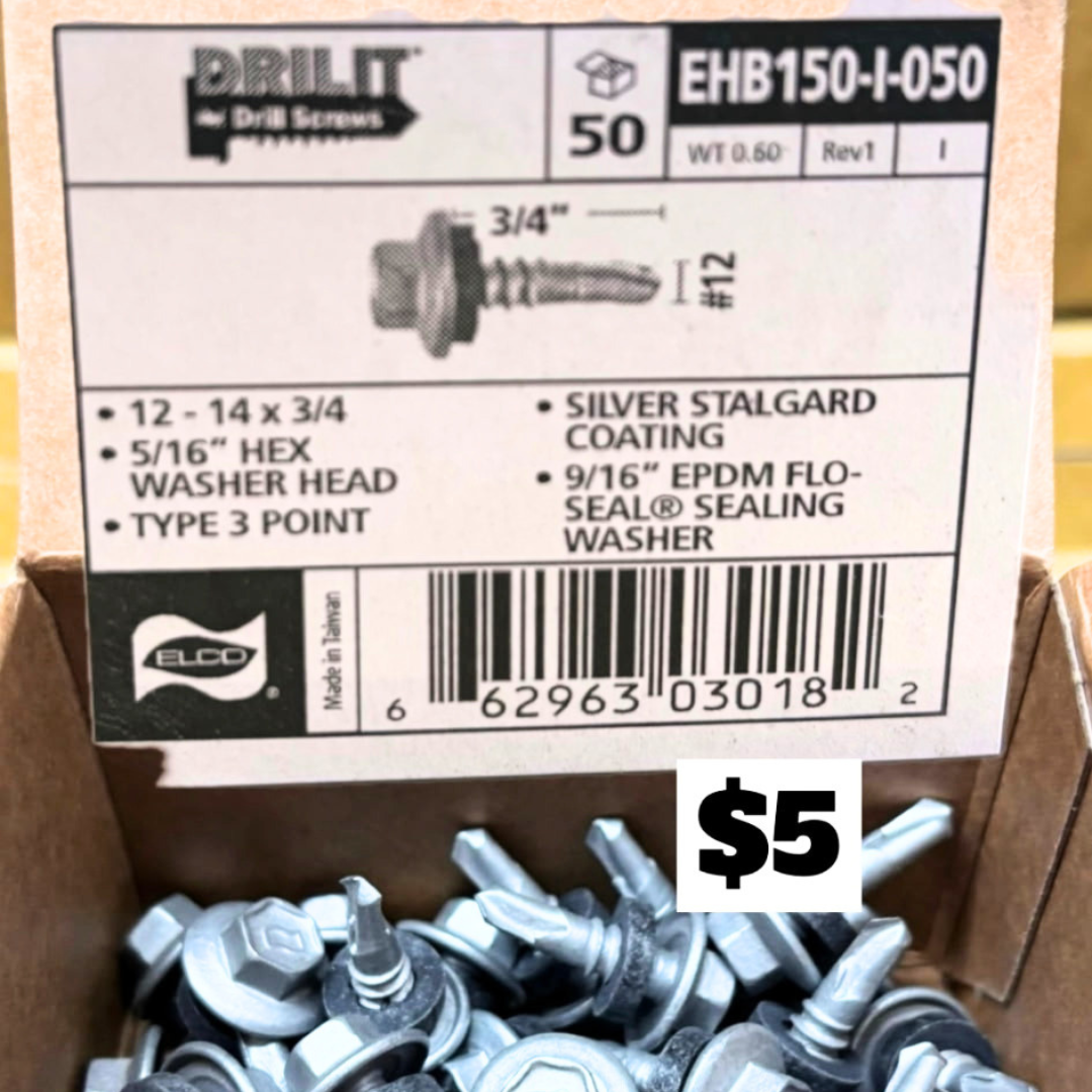 50 CT #12-14 x 3/4" Drilit Flo-Seal Self-Drilling Screws, 5/16" Hex Washer Head with Integral Sealing System, #3 Point, Case Hardened Carbon Steel with Stalgard Coating