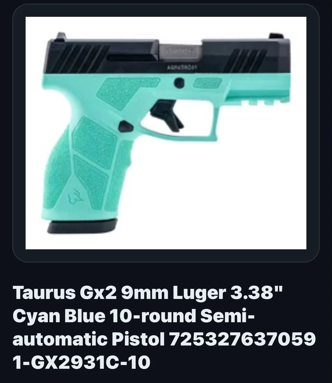 Taurus GX2 9mm Luger Cyan Blue Pistol