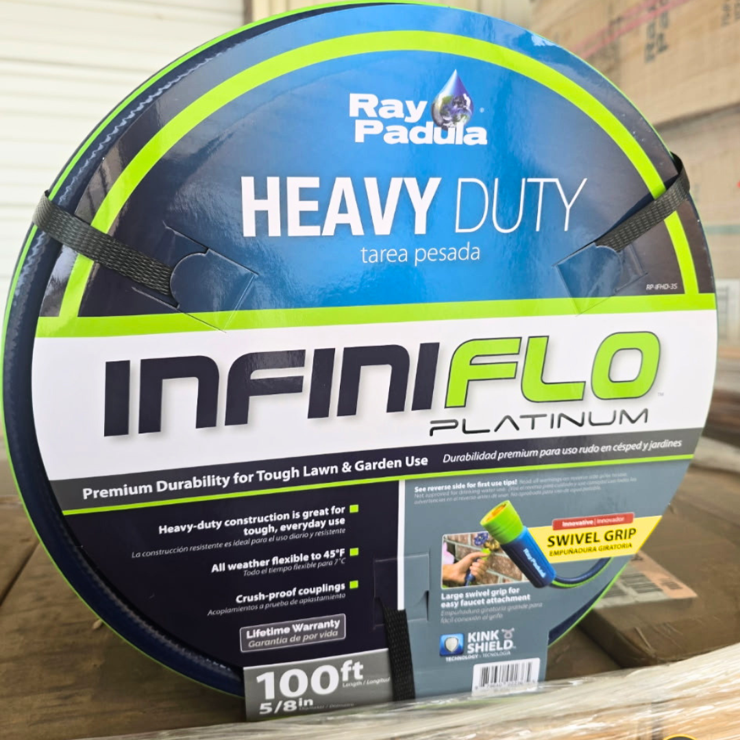 100-foot Ray Padula InfiniFlo Platinum heavy-duty garden hose with a 5/8-inch diameter