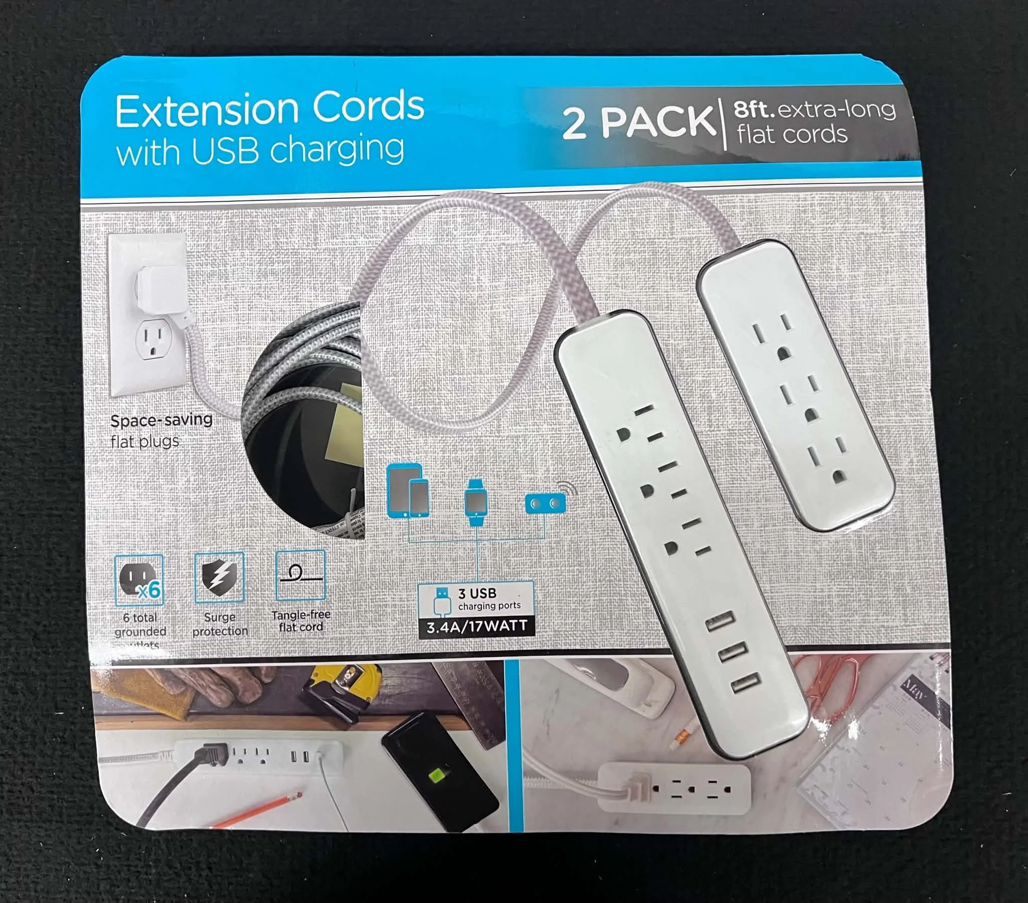 Extension Cords with USB Charging - 2 Pack