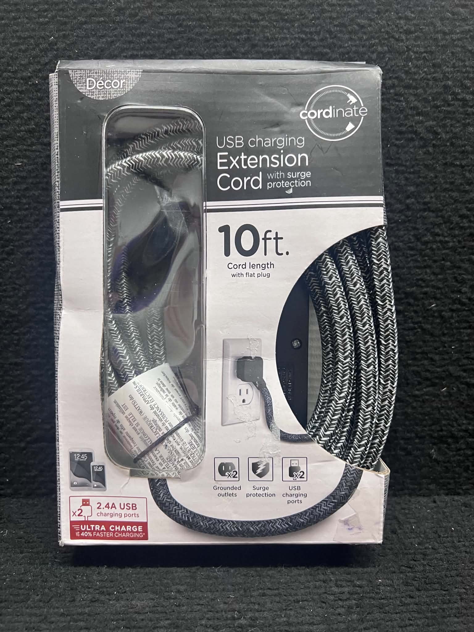 10ft USB Charging Extension Cord with Surge Protection