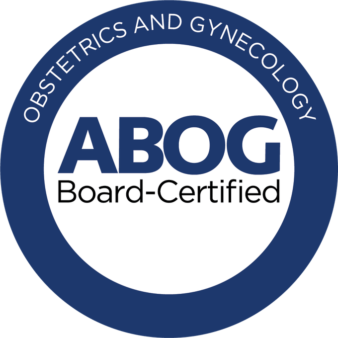 American Board of Obstetrics and Gynecology board certification badge held by Dr. Amanda Cleveland