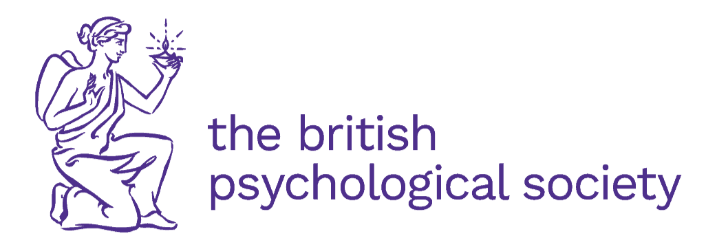 Logo of the British Psychological Society, featuring a purple line drawing of a person seated and holding a light radiance, with text in purple reading 'the british psychological society'