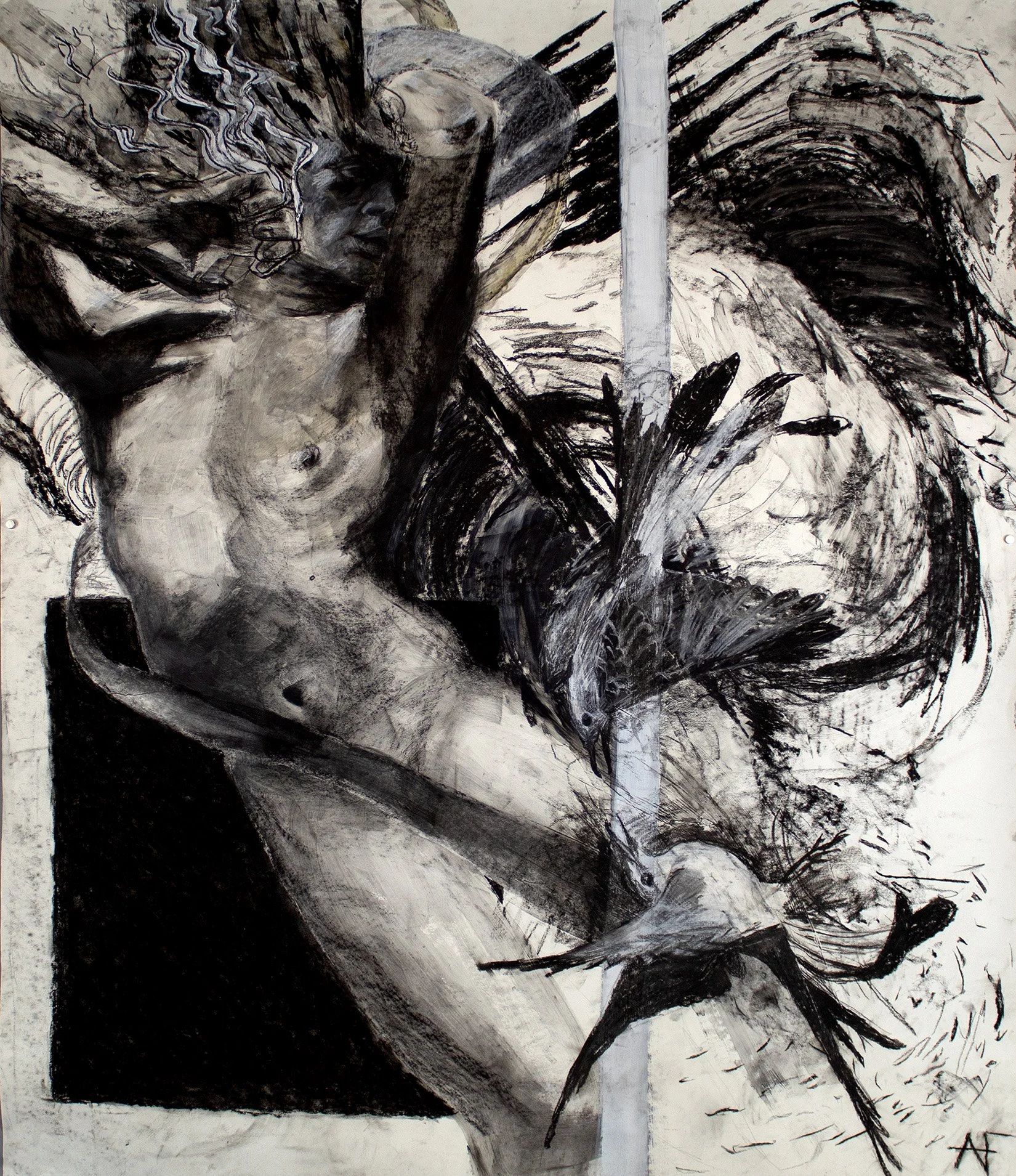 An abstract black and white painting with swirling shapes, a human face, and a vertical line dividing the composition.