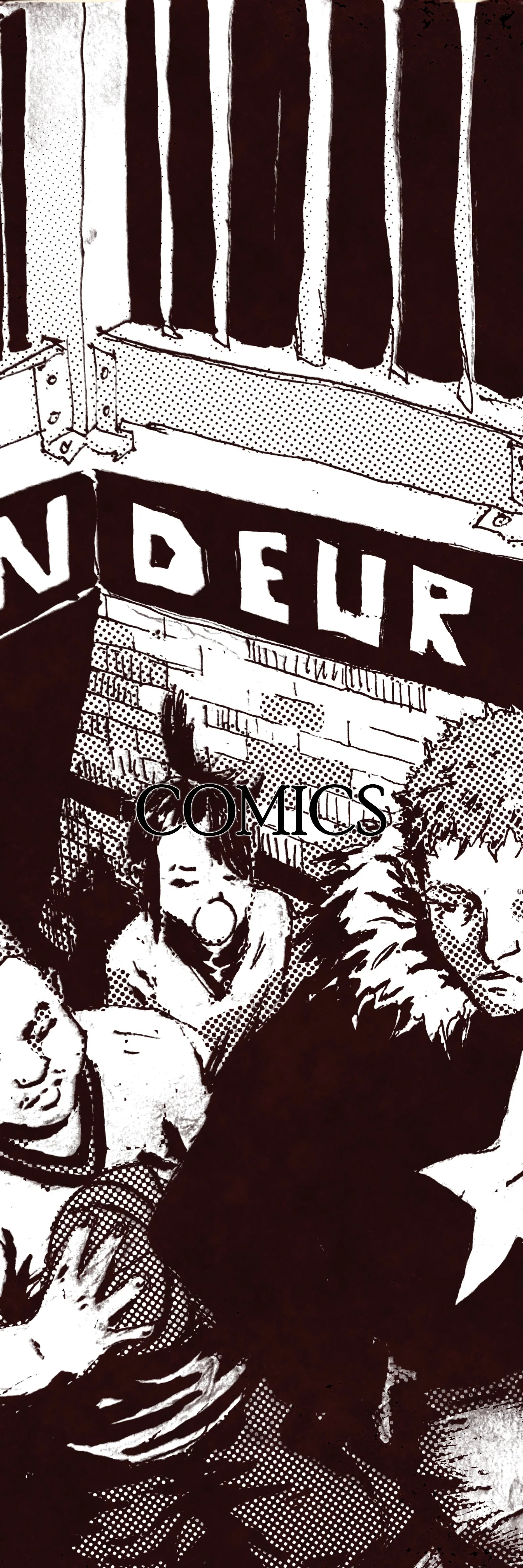 Black and white comic-style illustration of a comic book store storefront and a group of young people, with 'COMICS' sign.