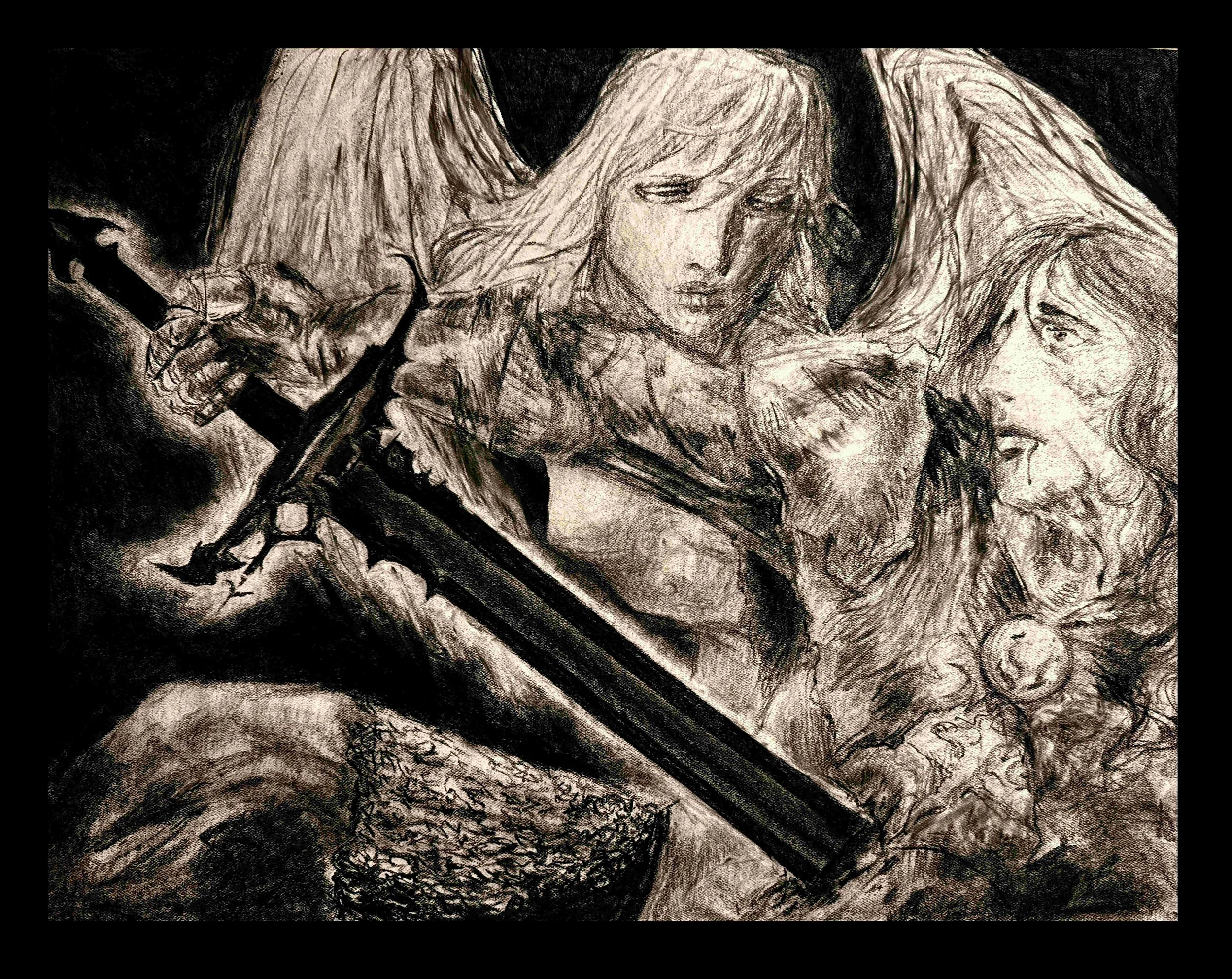 A detailed black and white sketch of a woman with long hair, holding a sword, with a serious expression, and an angelic woman in the background.