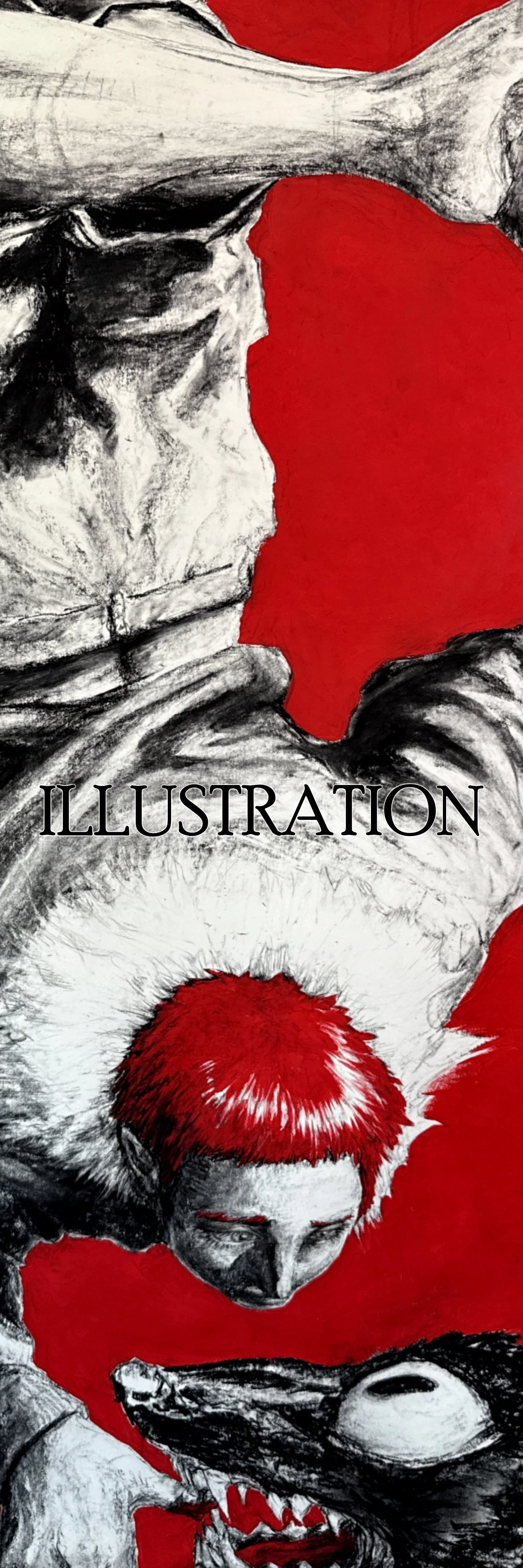 A drawing of a woman with red hair looking down at a pitbull with an open mouth, against a red background, with the word 'ILLUSTRATION' in bold black letters across the middle.