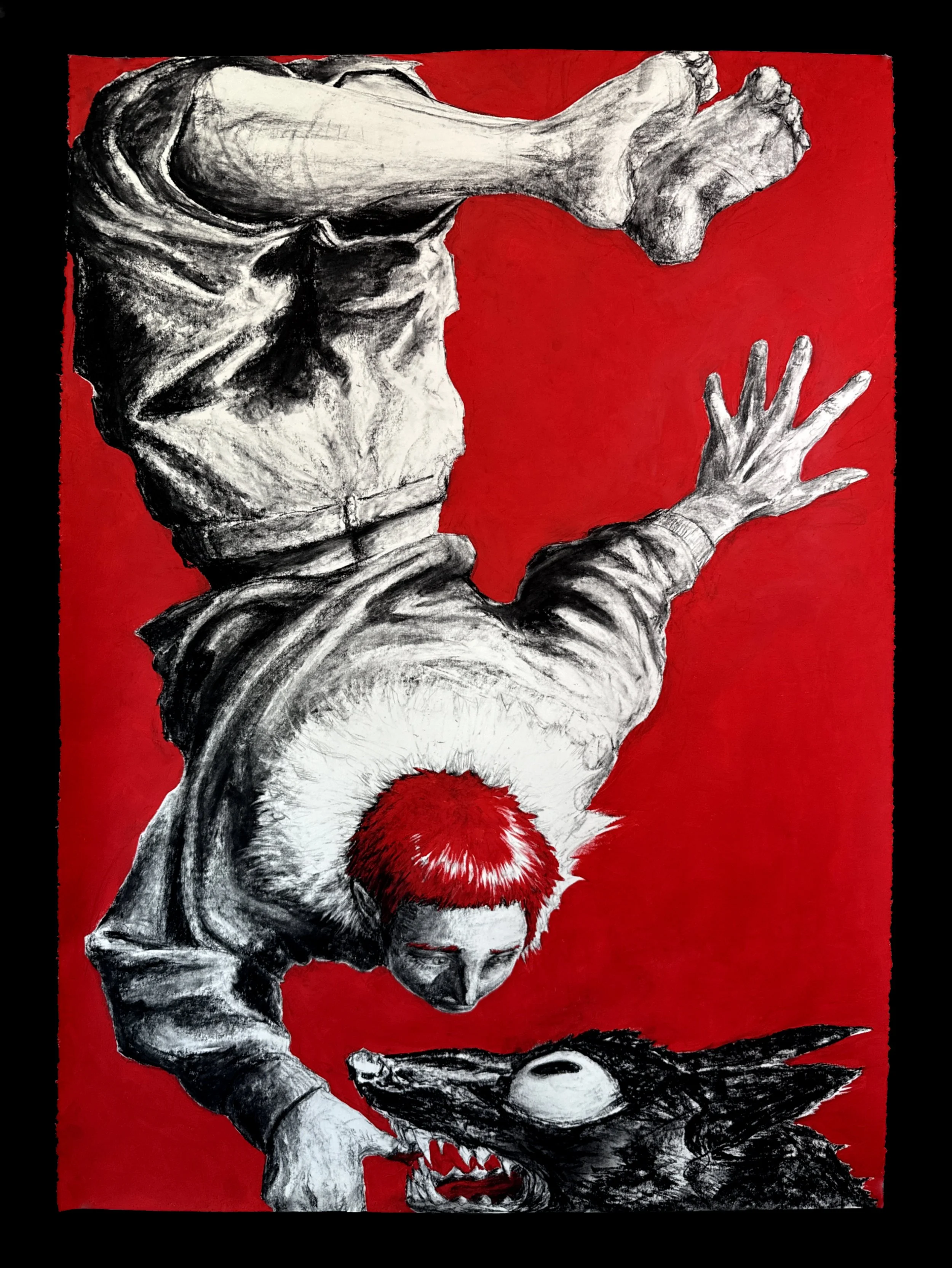 A black and white drawing of a boy and a wolf on a red background. The boy is upside down, with his face near the wolf's mouth. The boy has red hair and an intense expression.