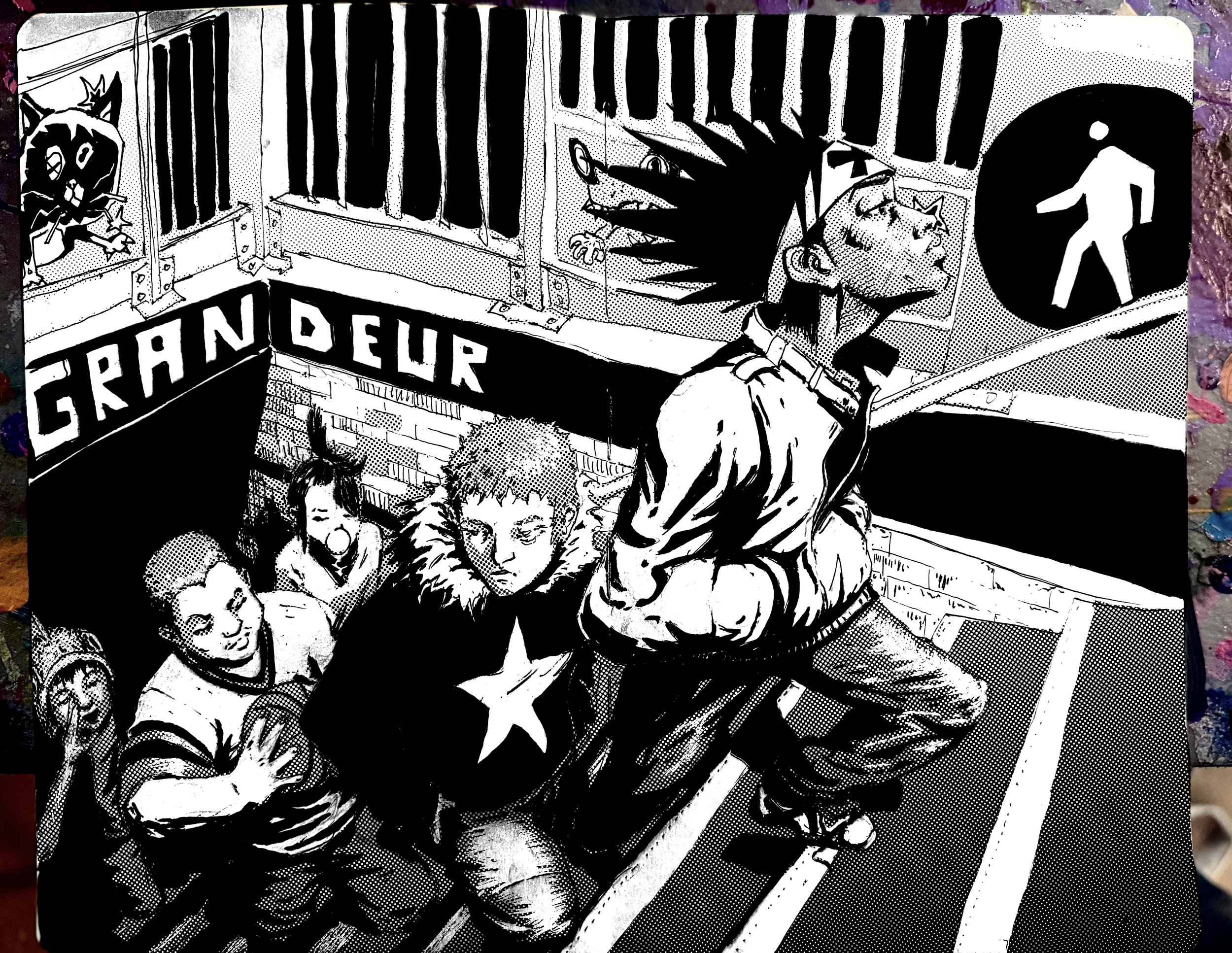 Black and white comic-style illustration of a woman with short, spiky hair and a dog haircut, wearing a leather jacket. She is near a jail cell with a barred window and a street sign that says 'GARDENDEUR'. In the background, there are other children