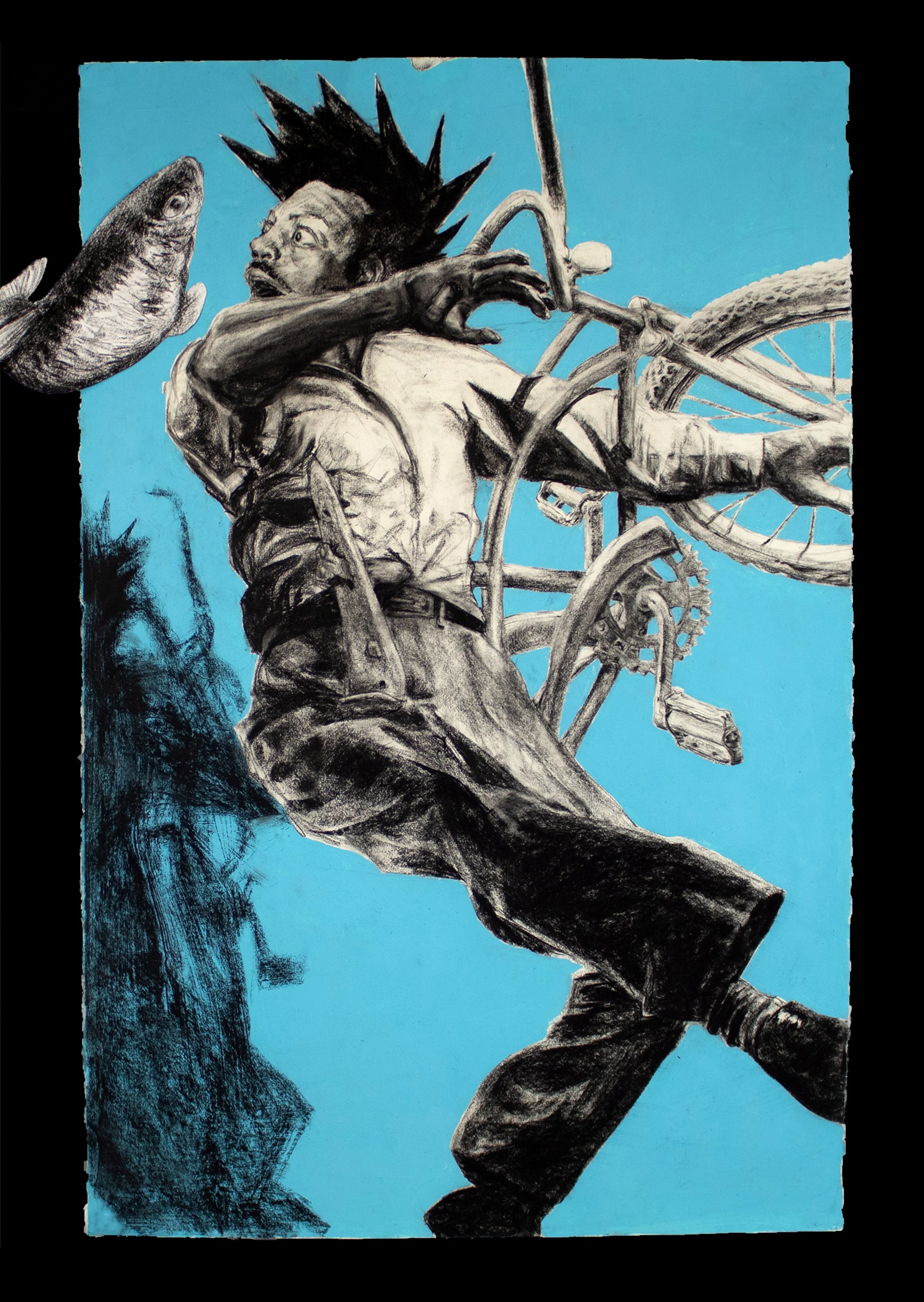 A black and white sketch of a person in a dynamic pose, with one foot on the ground and the other extended, holding onto a bicycle. The person's hair is spiked upwards, and they have an intense expression. A fish faces the person, with the background painted in bright blue.