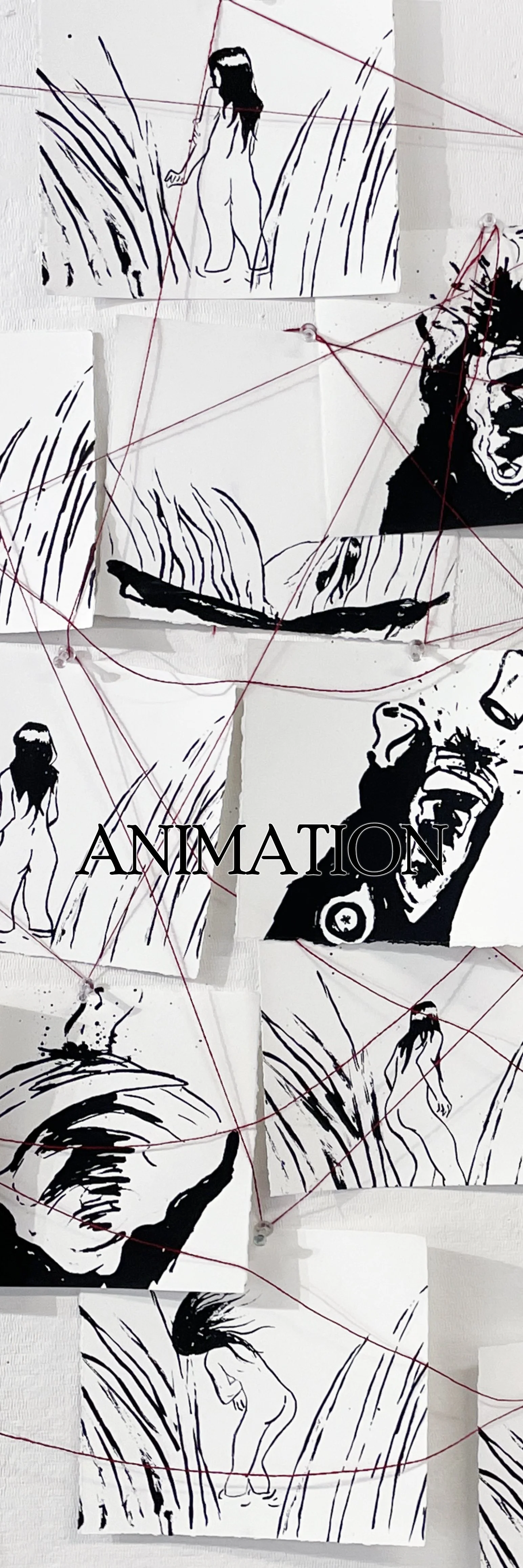 Black and white artistic illustrations of women and faces, interconnected by red thread, with the word 'ANIMATION' overlayed.