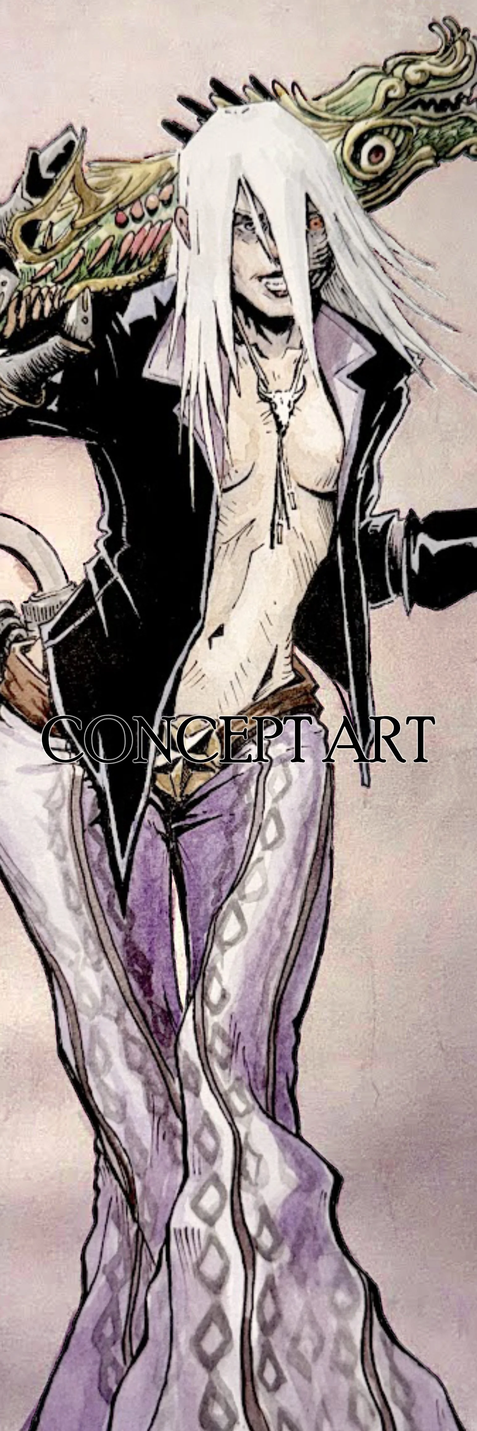 Concept art illustration of a tall, slender character with long white hair, wearing a black jacket with an open front, purple patterned pants, and a necklace with a pendant. They are carrying a large, elaborate dragon-like creature on their shoulders with a detailed head and scales, set against a pink background.