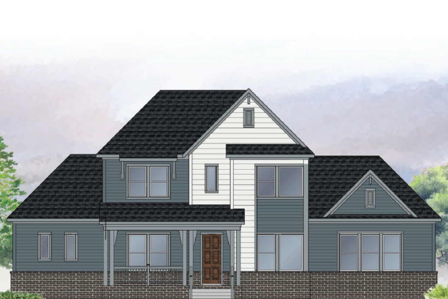 Illustration of a modern two-story house with a gabled roof, front porch, and multiple window styles, set against a background of trees and sky.
